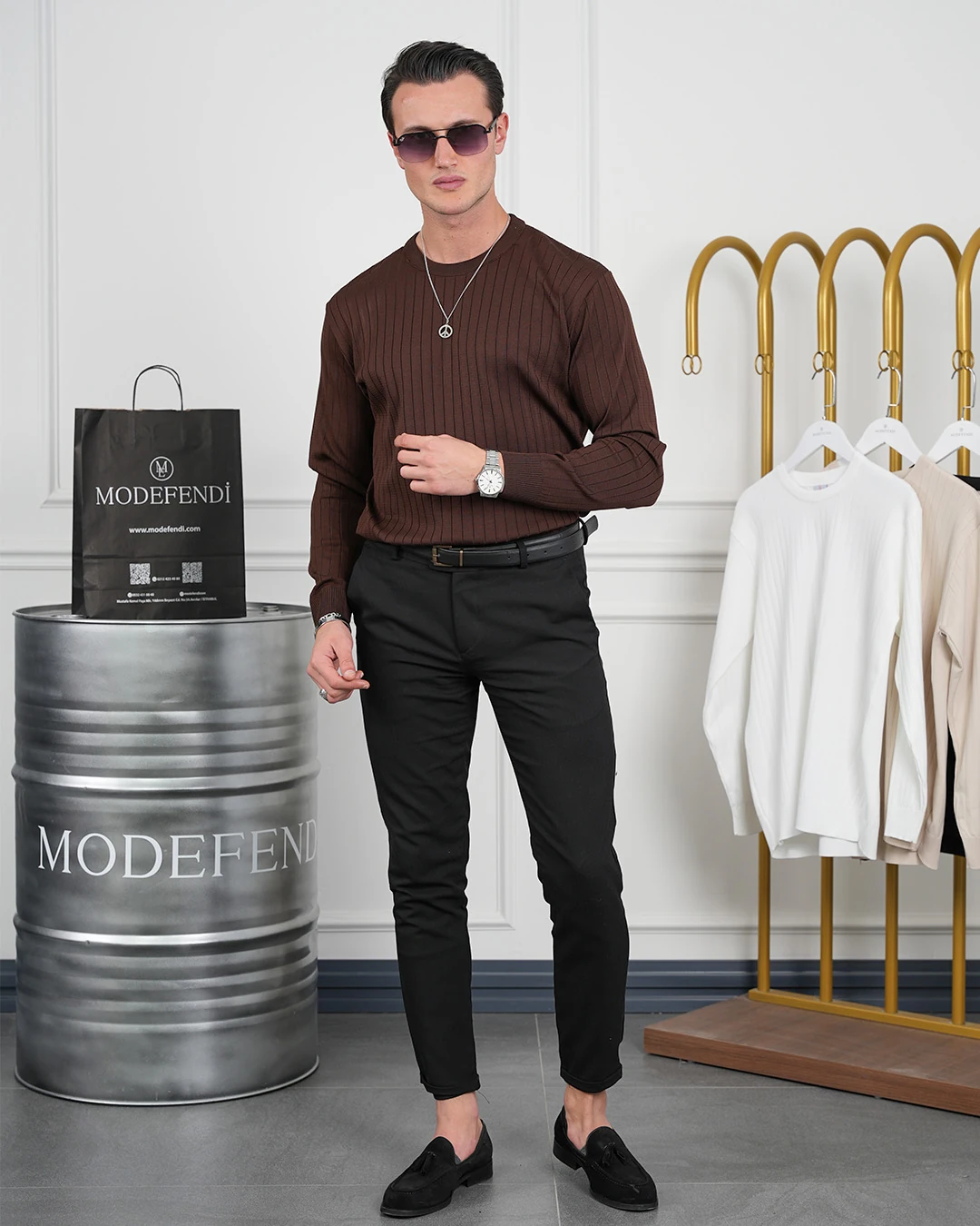 Pamuk Likra Slim Fit Bisiklet Yaka Dikey Çizgi Triko Kazak