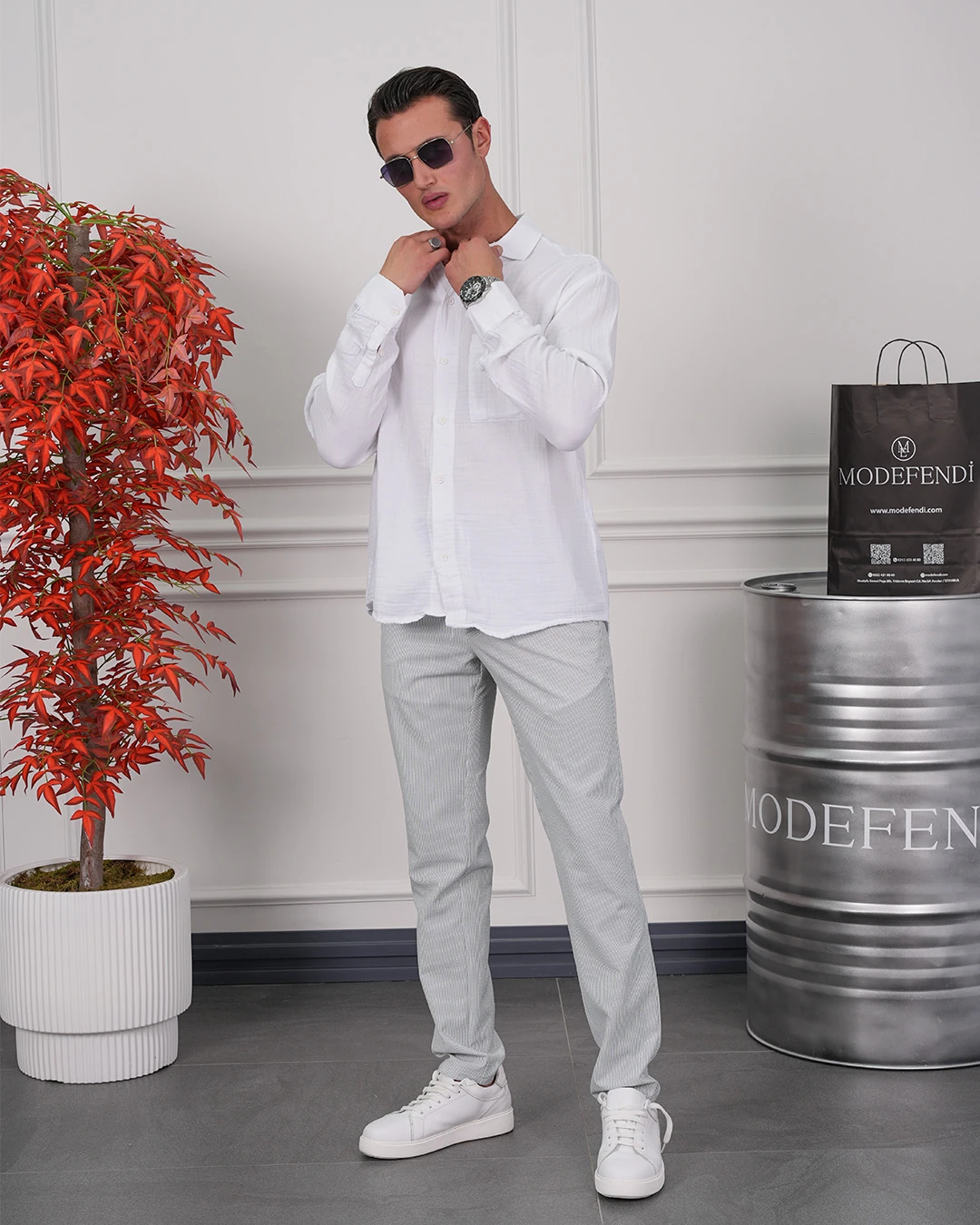 Tek Cep Detaylı Pamuk Dokulu Oversize Keten Gömlek