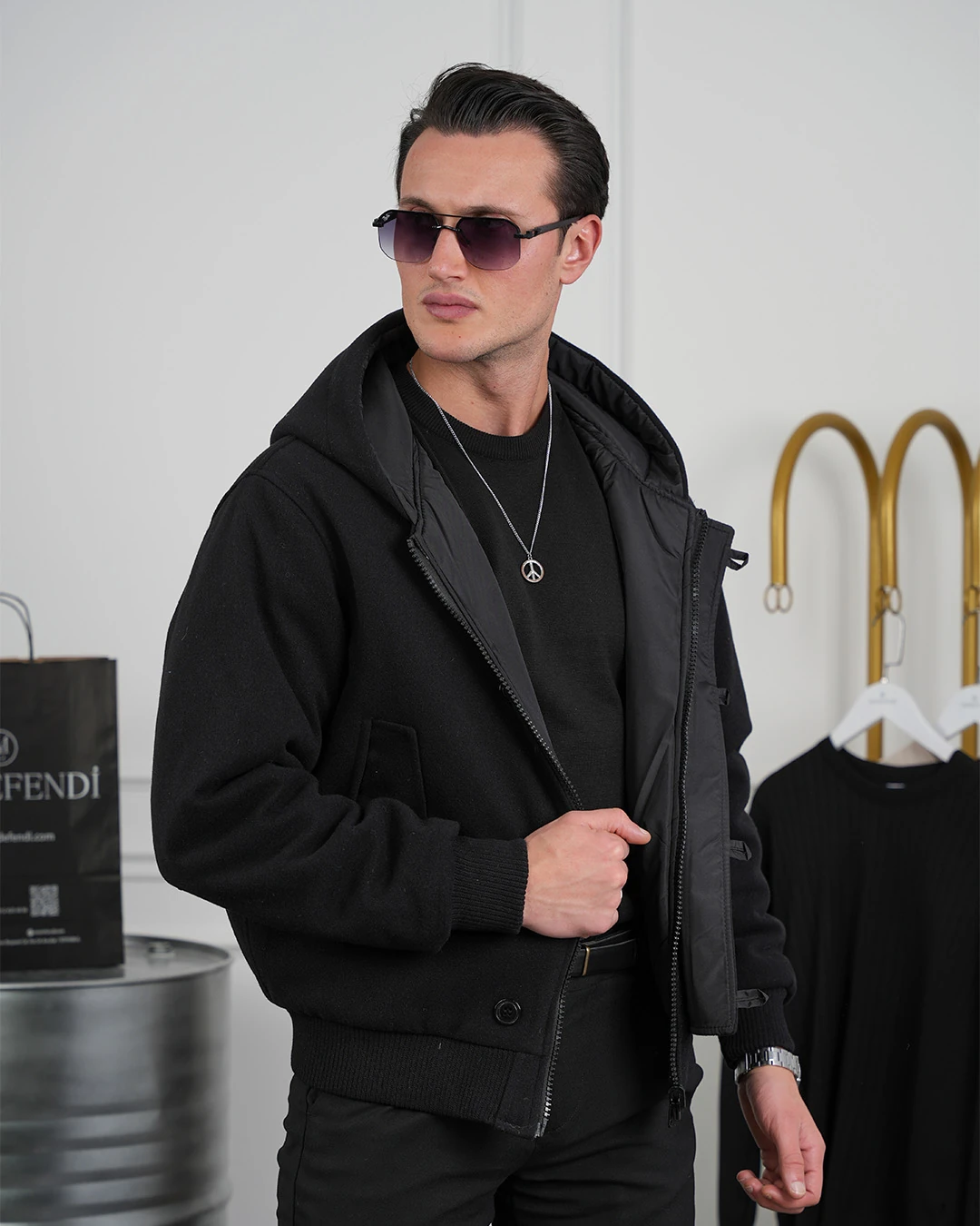 Çift Taraflı Kaşe Uzun Ribana Kapüşonlu Mont