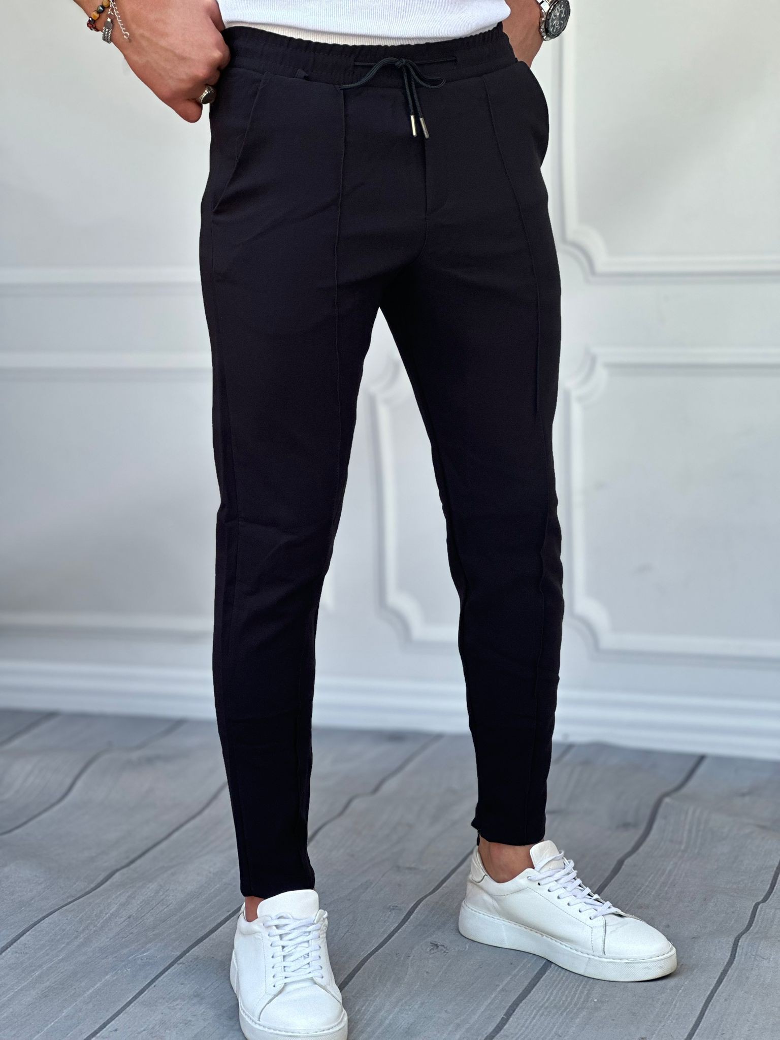 Önü Çizgi Detaylı Slim Fit Kesim İp Detaylı Paça Fermuarlı Full Likralı Jogger Pantolon - Siyah