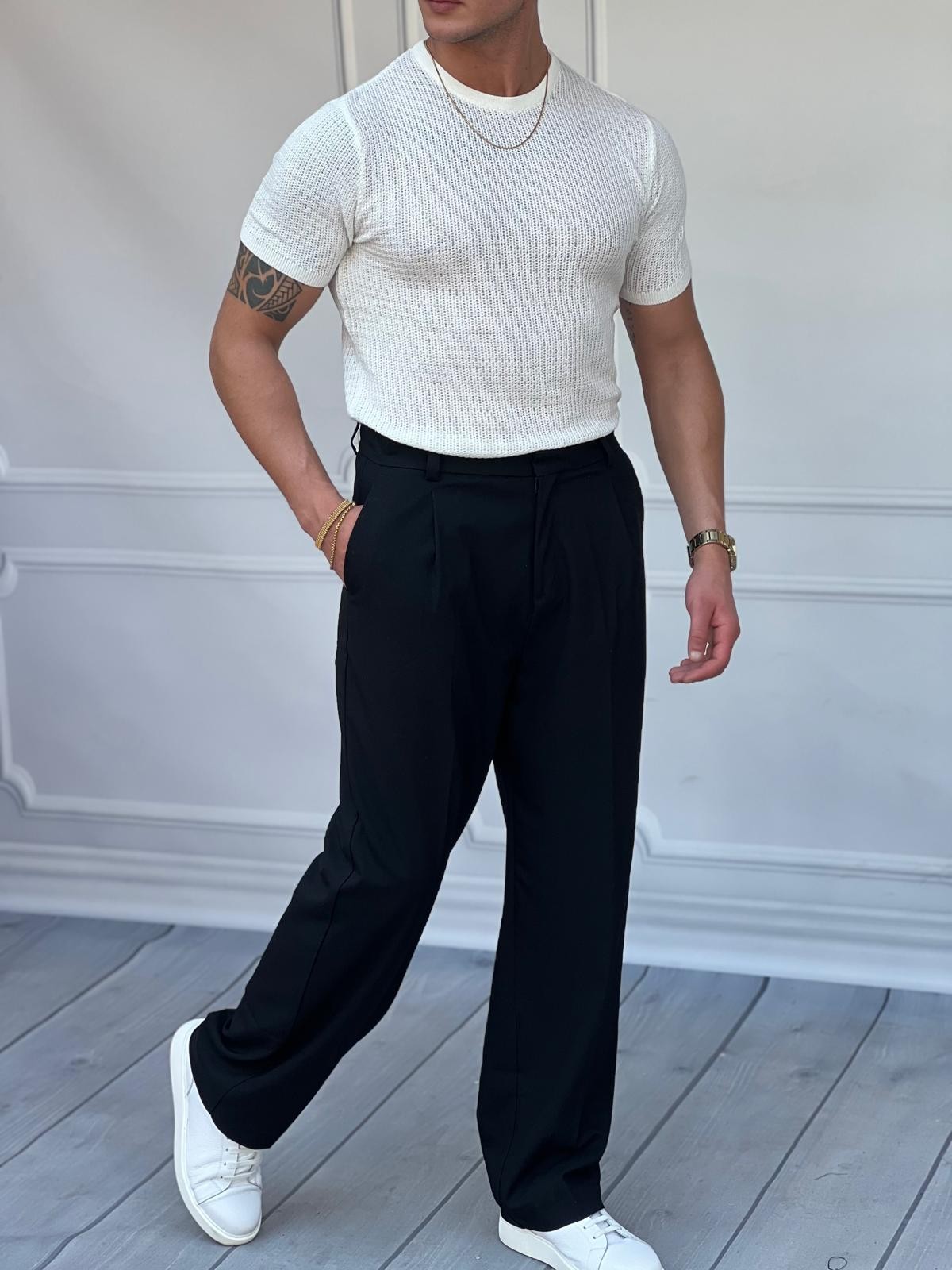 Yuvarlak Yaka Örme Detaylı Pamuk Yapılı Slim Fit Tshirt - Beyaz