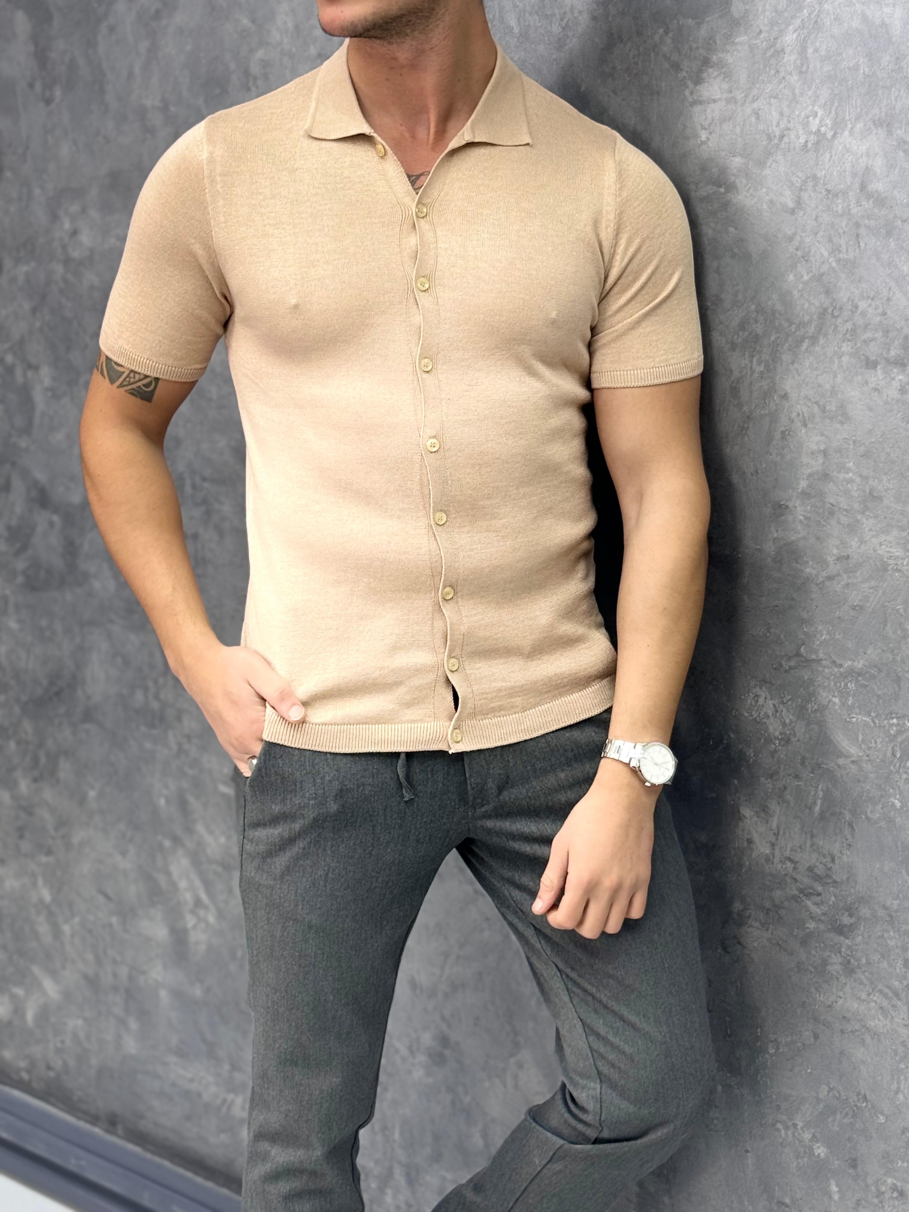 Slim Fit Polo Yaka Triko Pamuk Kısa Kollu Gömlek - Krem