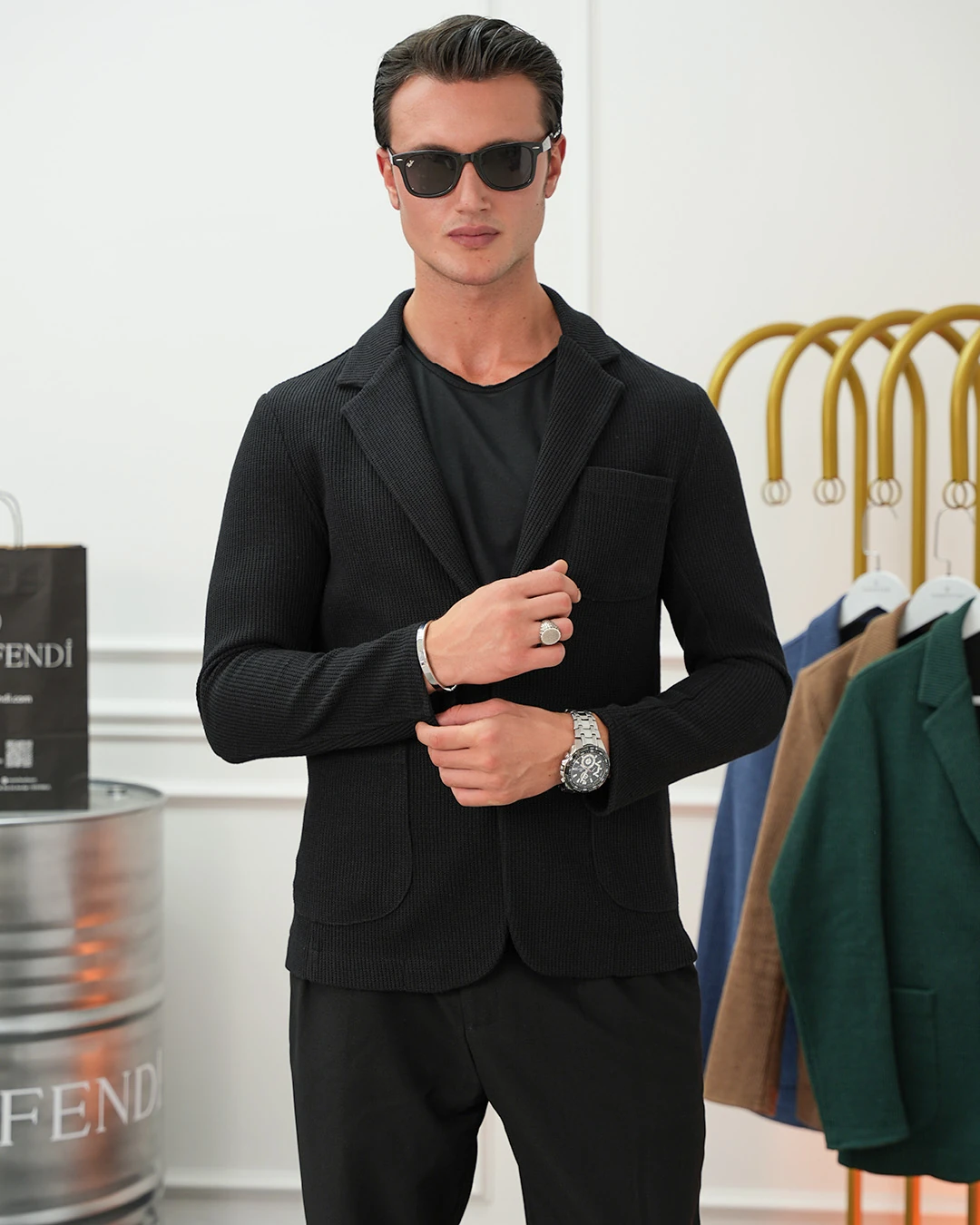 Petek Örme Torba Cep Ceket - Siyah