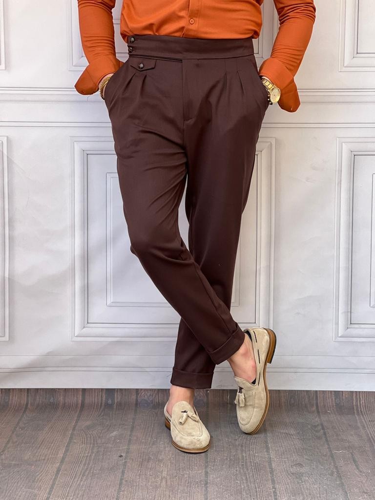 İtalyan Kesim Düğme Detaylı Pileli Pantolon  - Kahverengi
