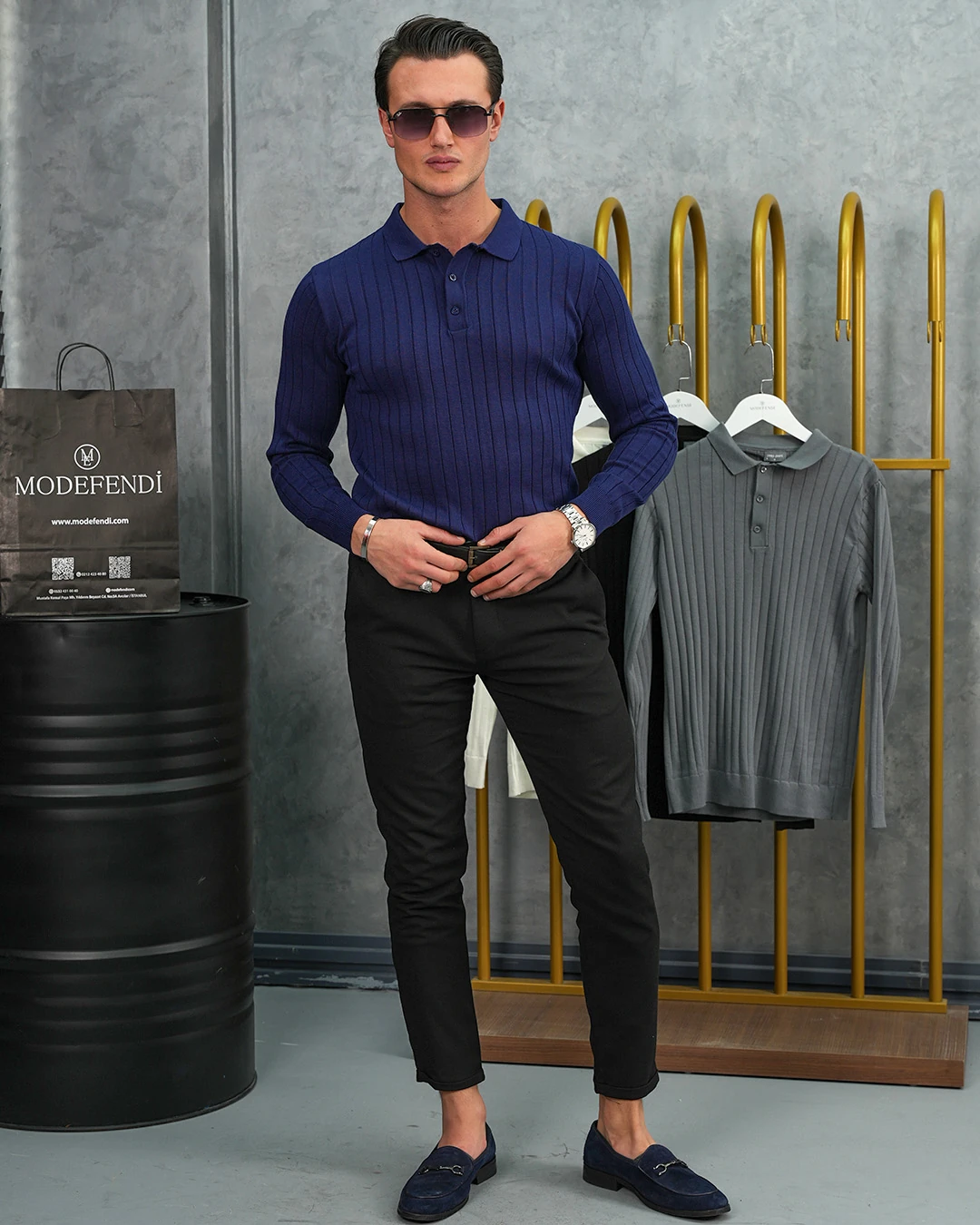 Pamuk Likra Slim Fit Polo Yaka Dikey Geniş Çizgi Triko Kazak