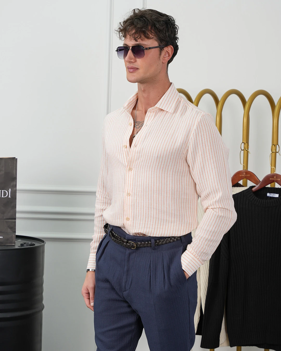 İnce Fitilli %100 İnce Pamuk Keten Regular Kalıp Gömlek