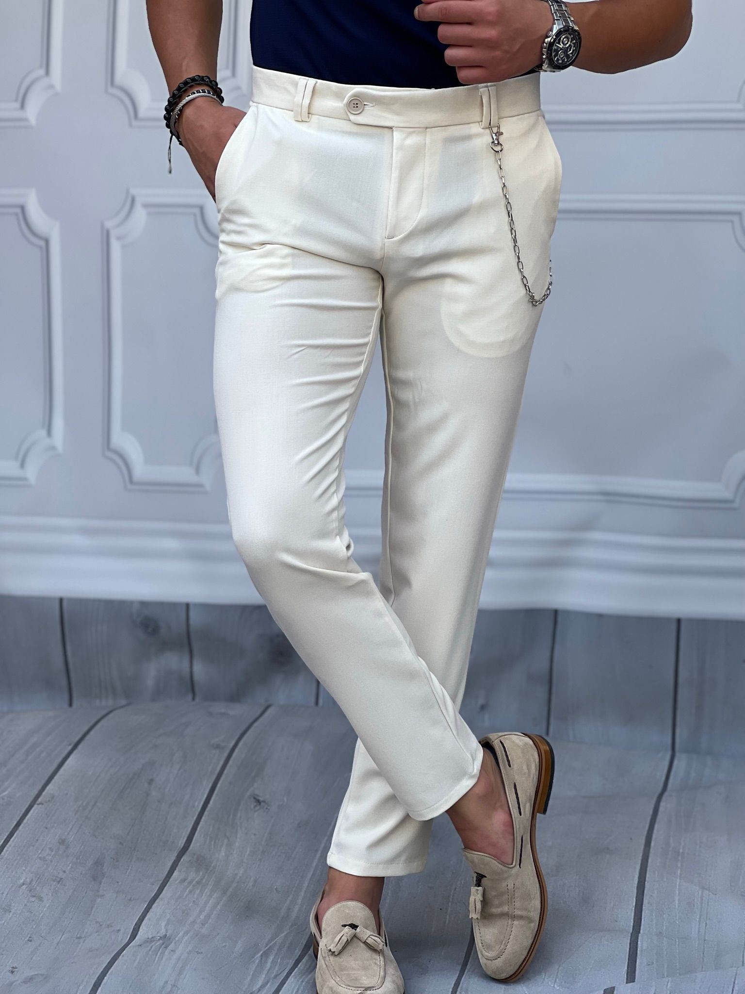 Slim Fit Kalıp Düz Kumaş Pantolon  - Beyaz