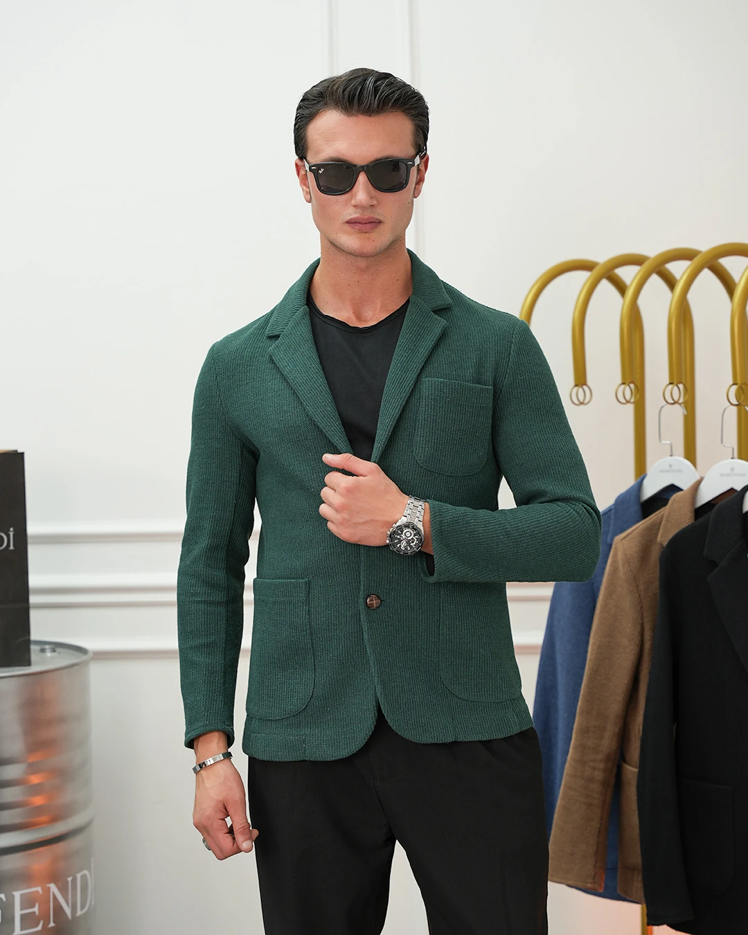 Petek Örme Torba Cep Ceket - Yeşil