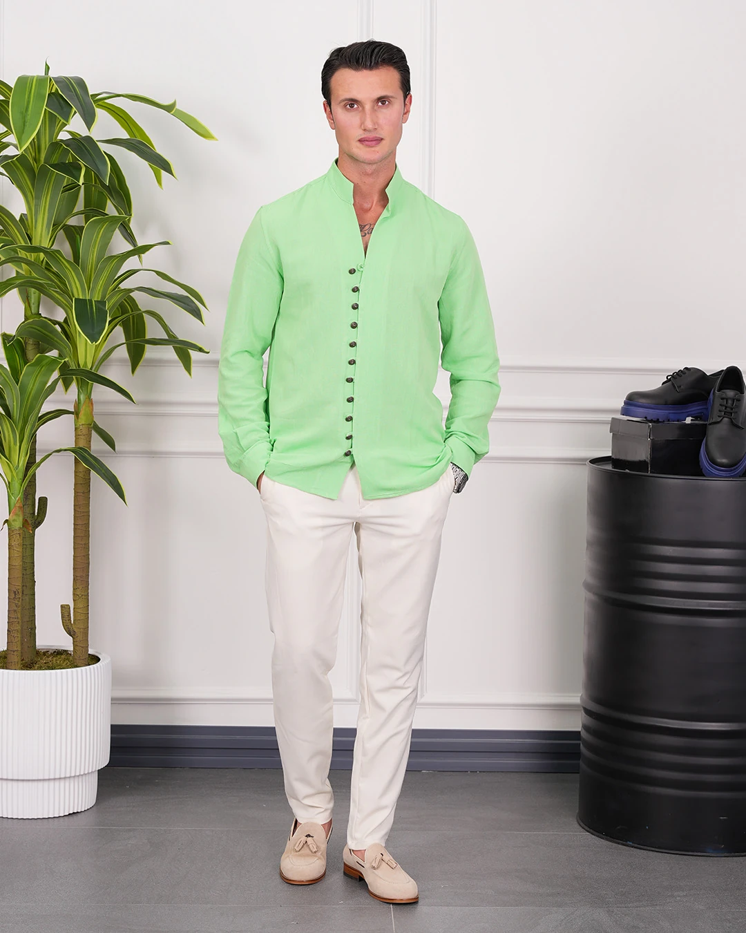 Ham Keten Metal Düğme Gömlek