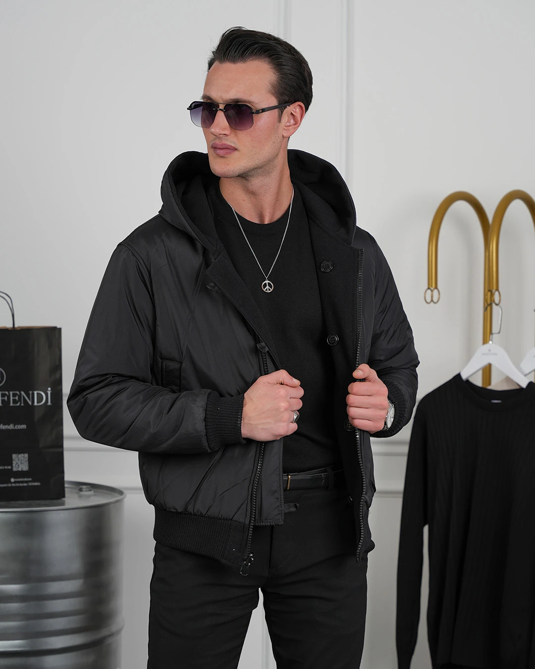 Çift Taraflı Kaşe Uzun Ribana Kapüşonlu Mont