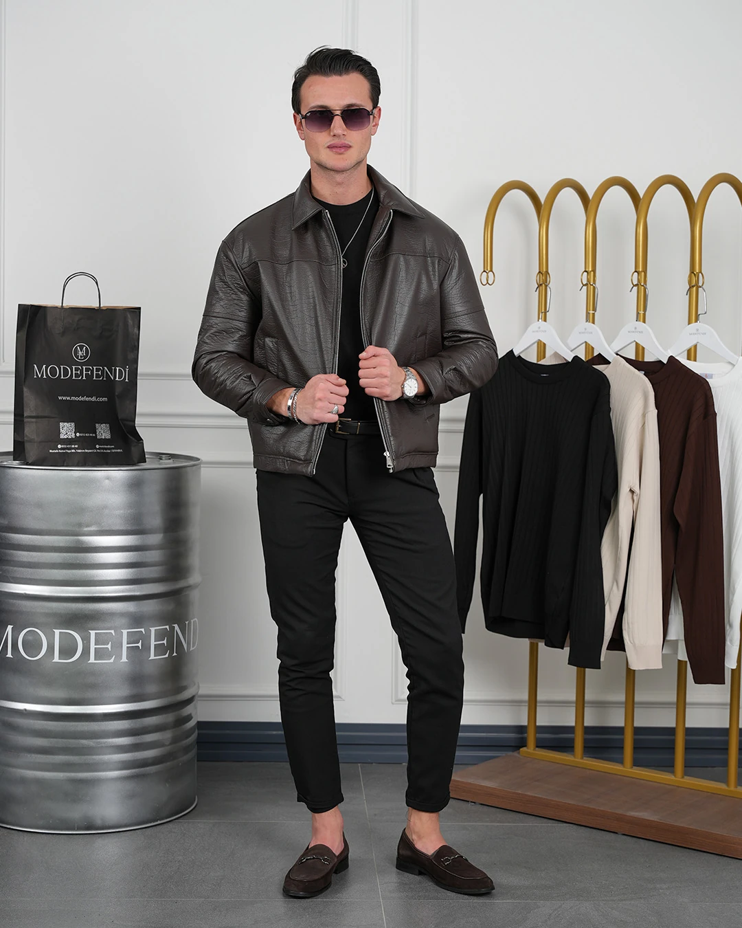 Orta Slim Fit İçi Elyaf İthal Deri Yan Cep Deri Mont