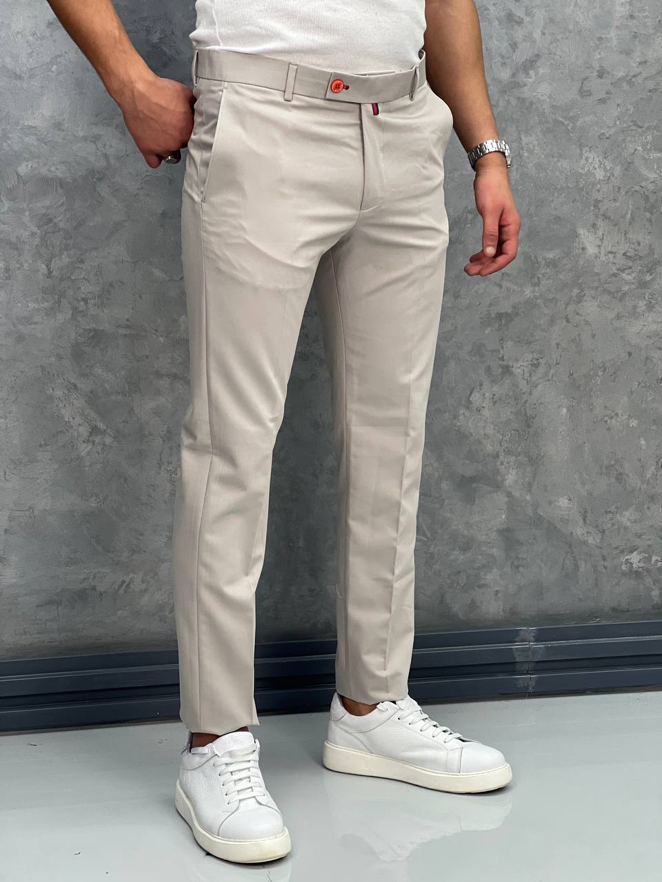 İtalyan Kesim Pamuk Likra Kumaş Pantolon - Krem