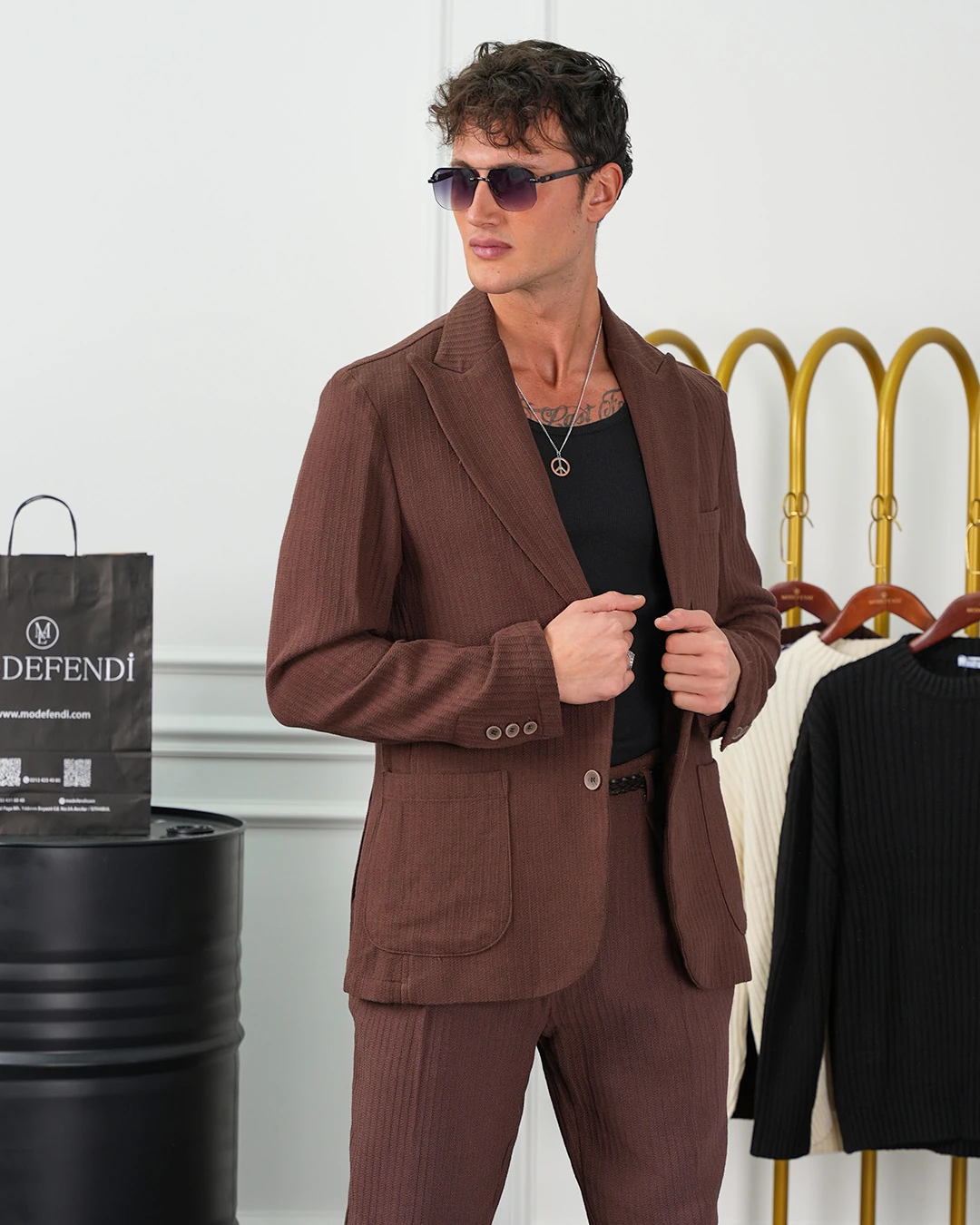 %100 Pamuk Keten Modern Fit Örgü Kemer Detaylı Keten Takım Elbise