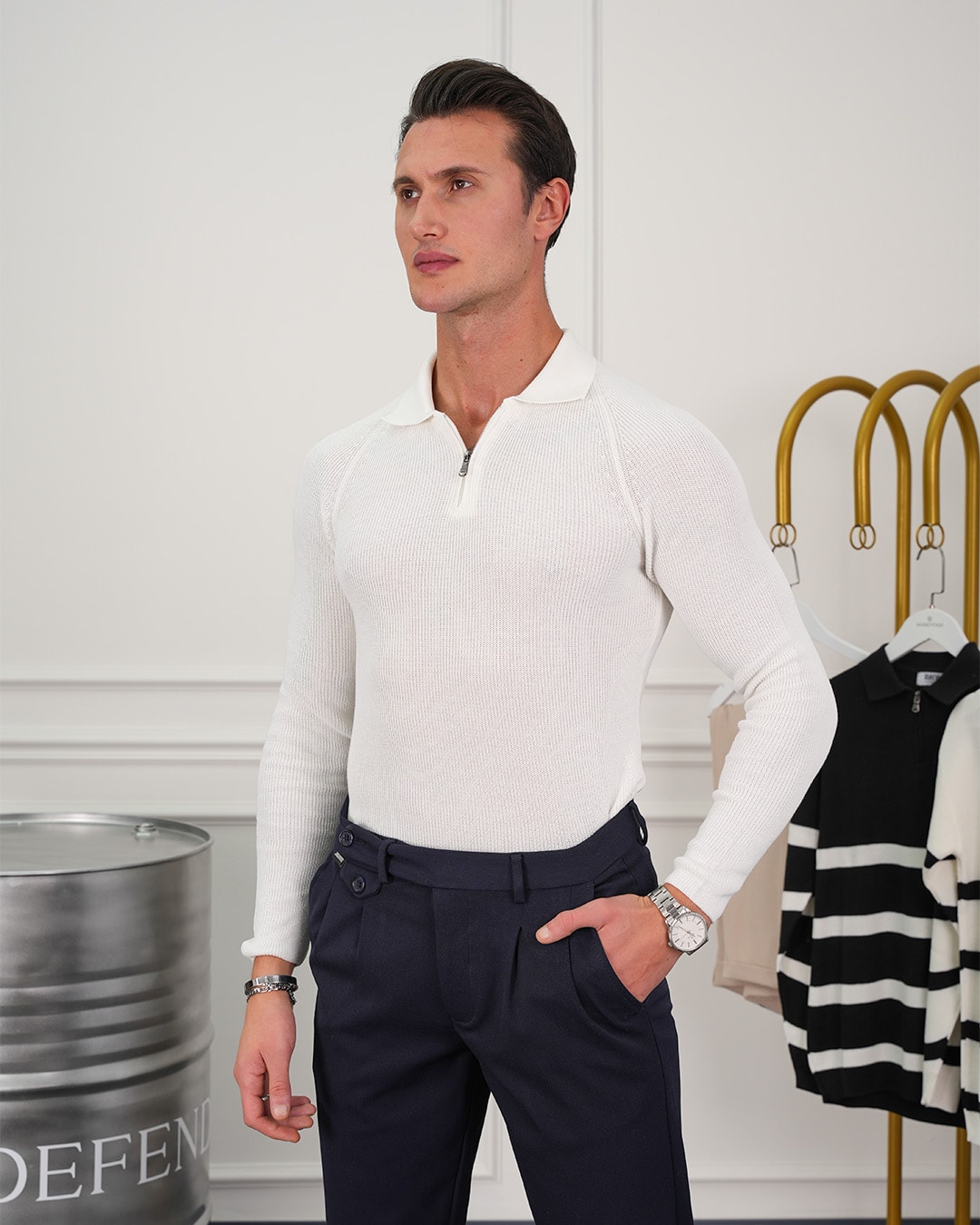 Slim Fit Kalıp Fermuar Detaylı Örme Kazak