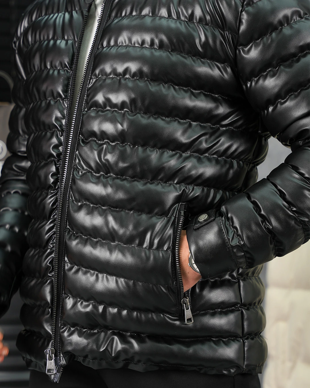 Şişme Deri Slimfit Kesim Deri Mont - Siyah