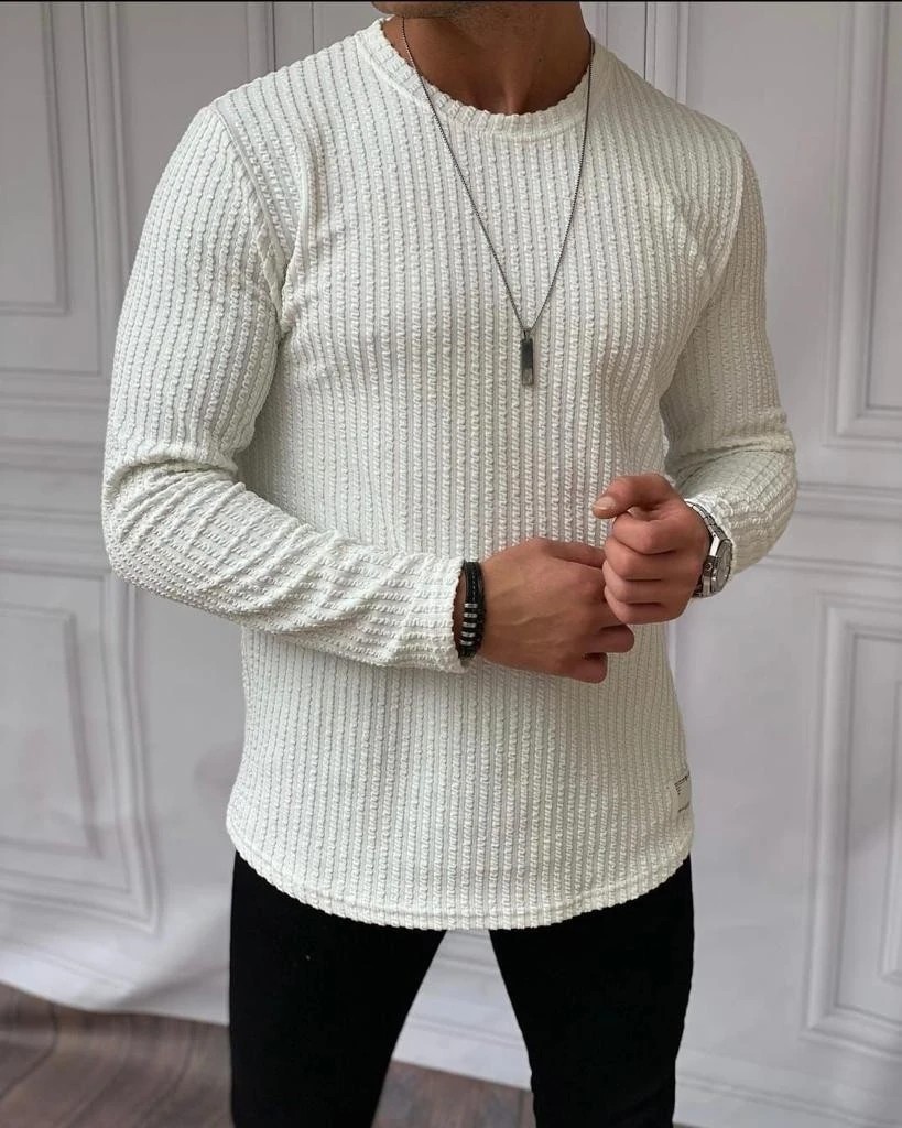 Armür Kumaş Pamuklu Çizgi Detaylı Sweatshırt - Beyaz
