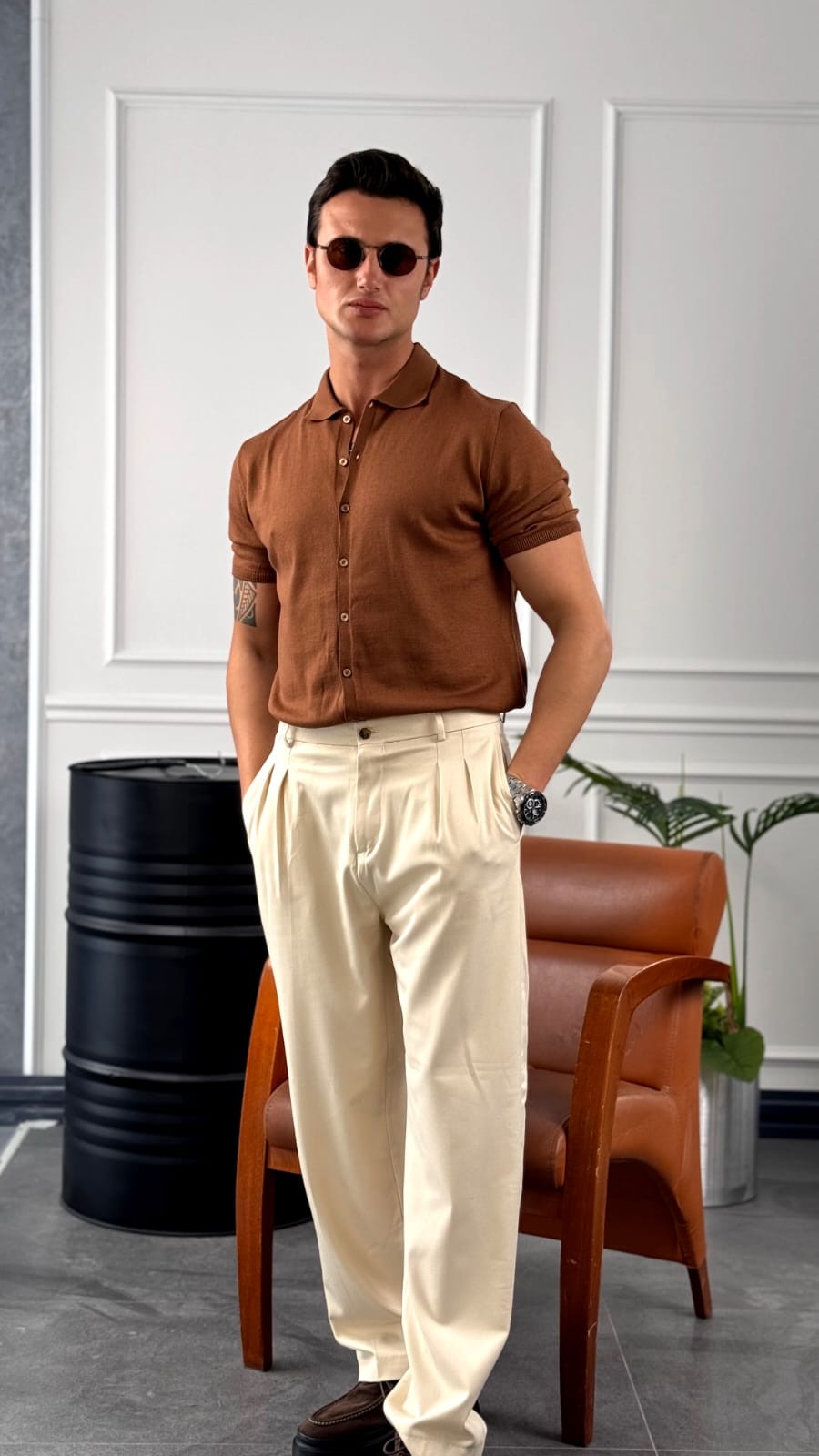 Slim Fit Polo Yaka Triko Pamuk Kısa Kollu Gömlek - Kahverengi