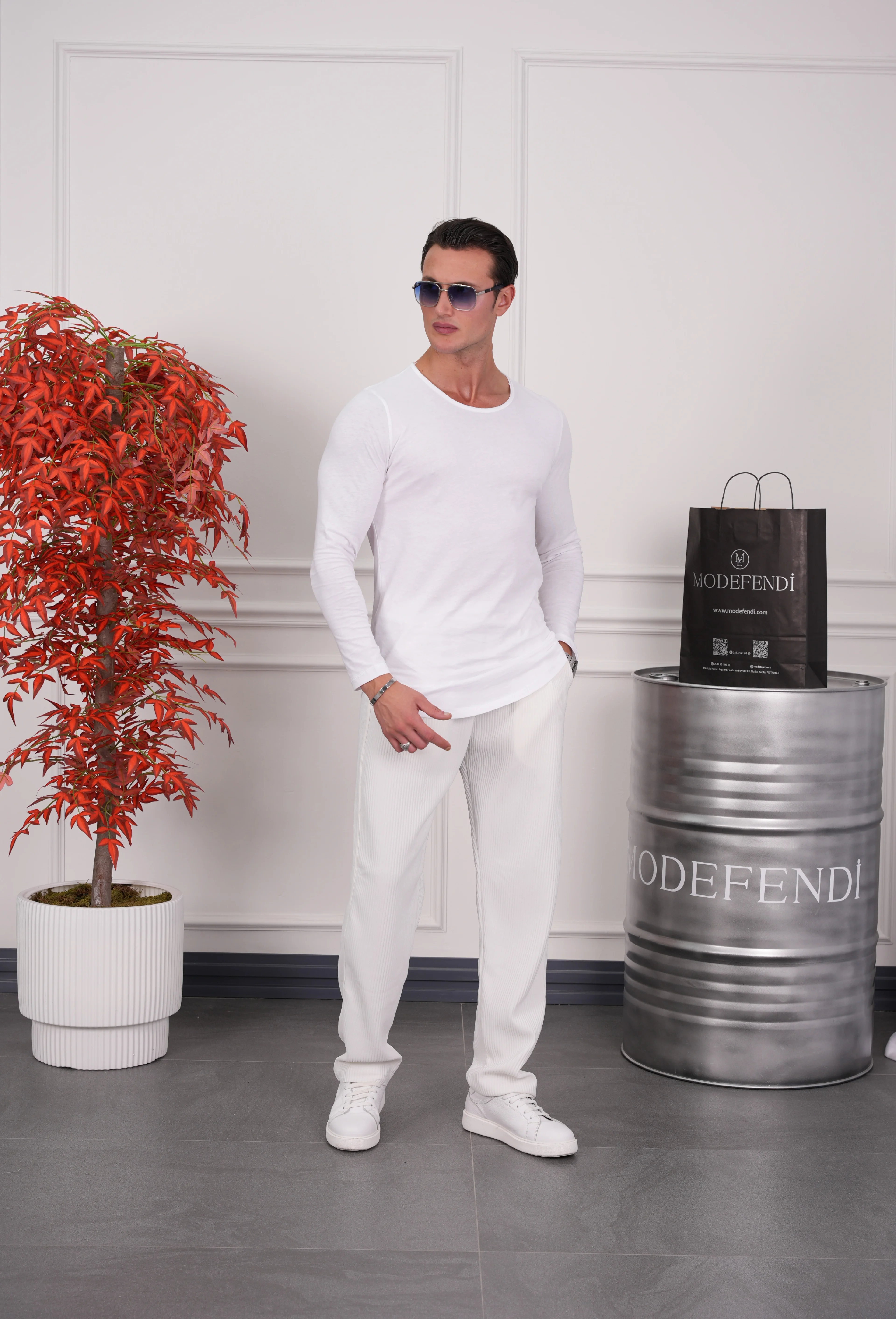 Slim Fit Oval Kesim Uzun Kollu Pamuk Basic Tshırt - Beyaz