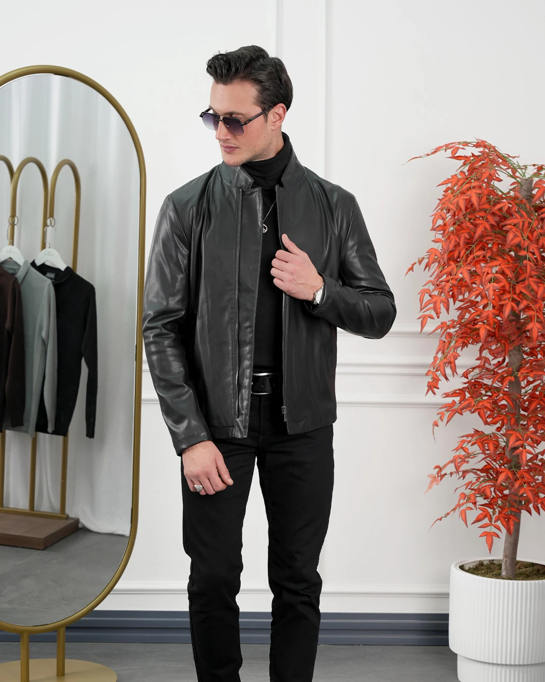 İthal Deri Hakim Yaka Yan Fermuar Yüksek Kalite Deri Mont - Siyah