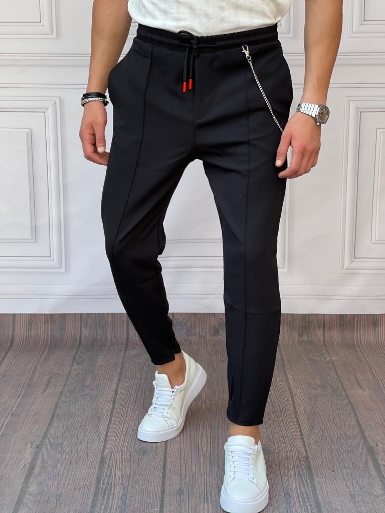 Zincir ve Paça Fermuar Detaylı Pamuklu Jogger Pantolon - Siyah