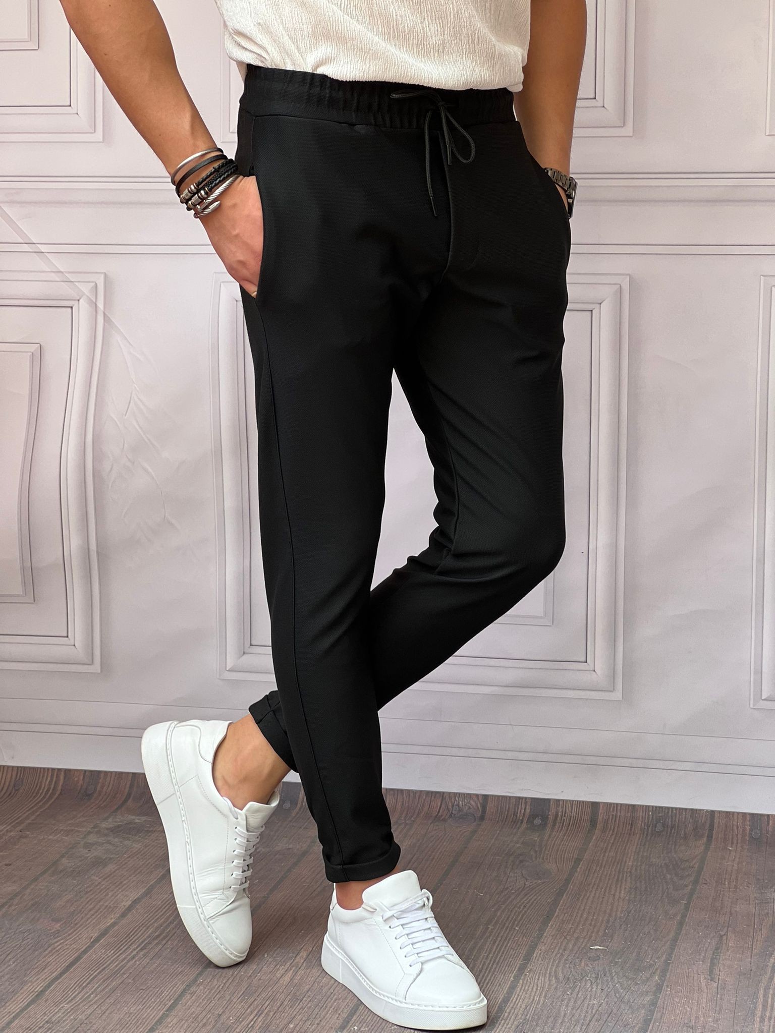 Skinny Kalıp Pamuk Likra Double Paça Jogger Pantolon - Siyah