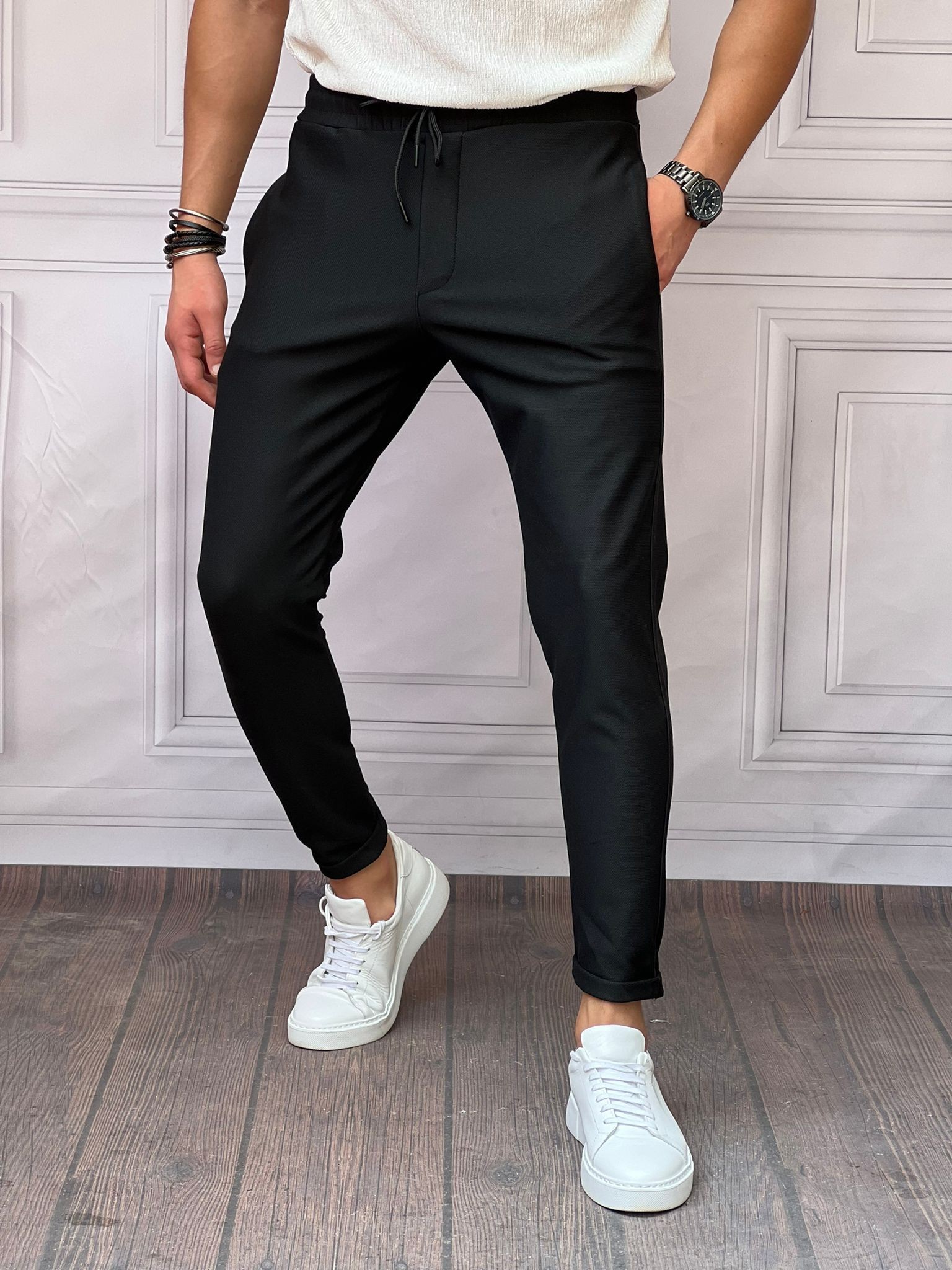 Skinny Kalıp Pamuk Likra Double Paça Jogger Pantolon - Siyah