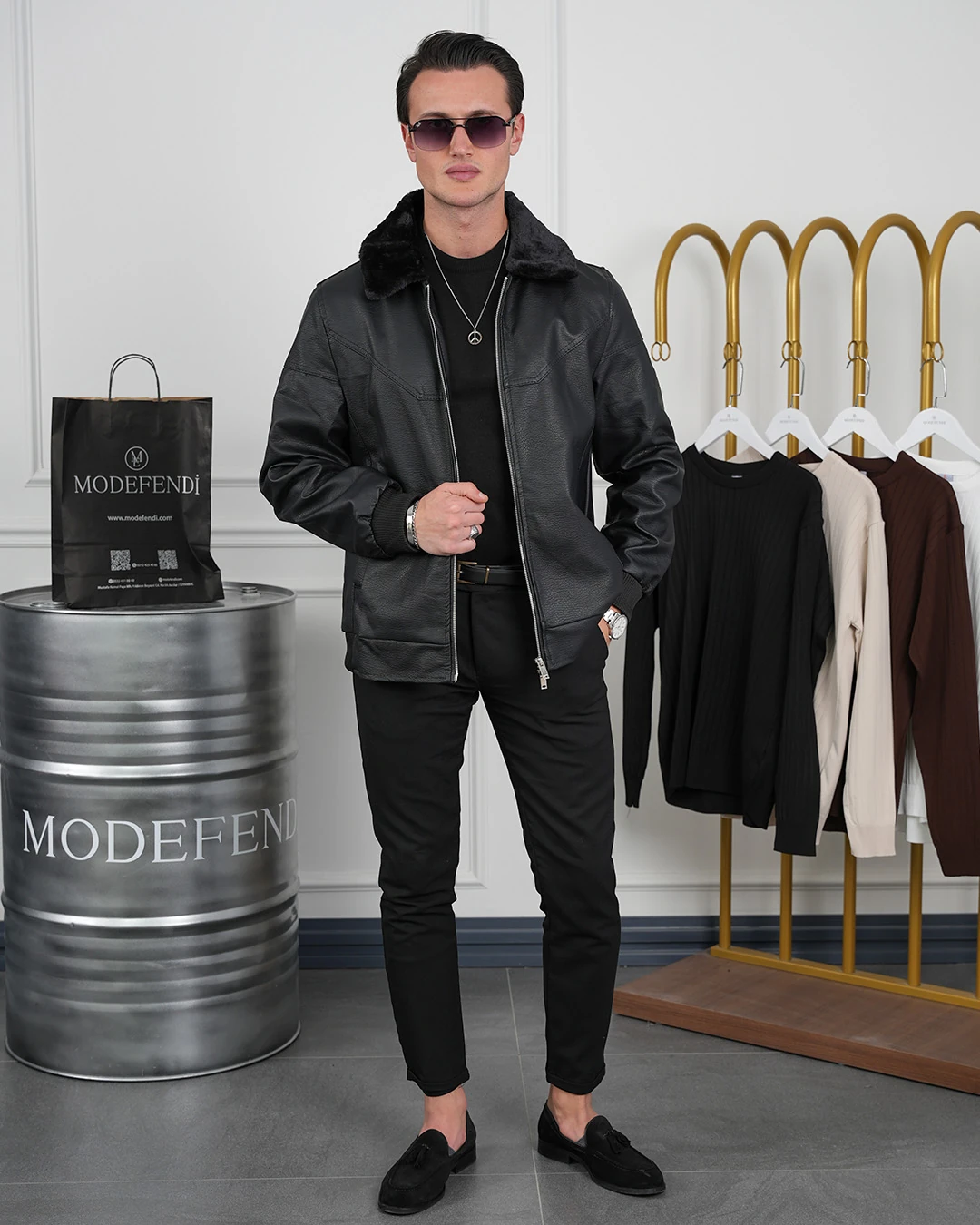 Slim Fit Yaka Kürklü Uzun Ribana İthal Deri Mont