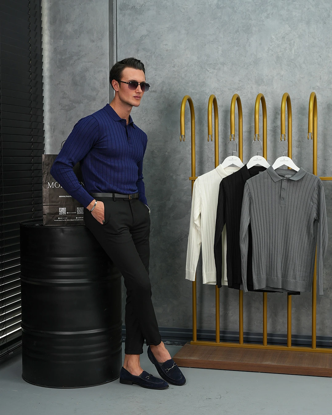 Pamuk Likra Slim Fit Polo Yaka Dikey Geniş Çizgi Triko Kazak