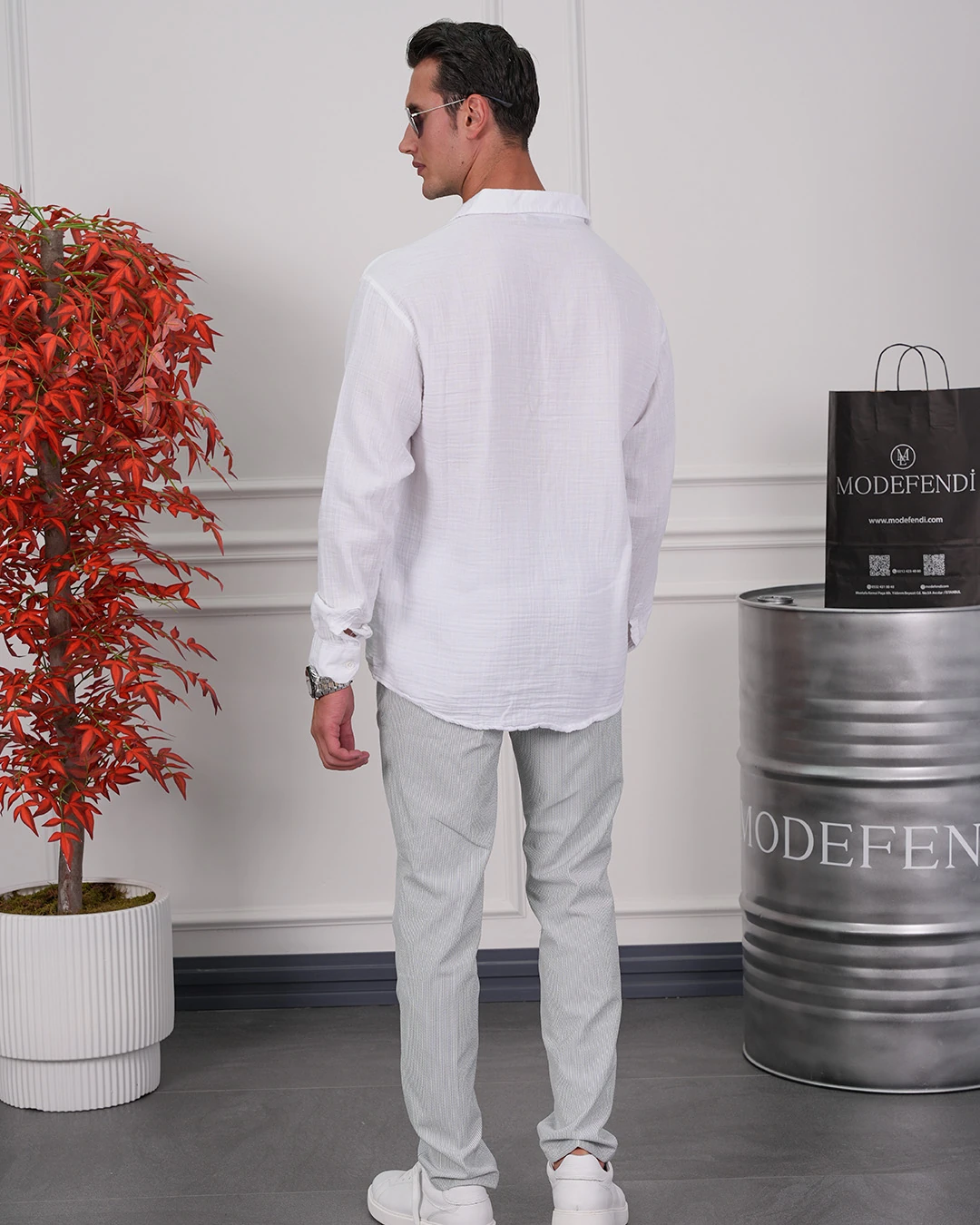 Tek Cep Detaylı Pamuk Dokulu Oversize Keten Gömlek