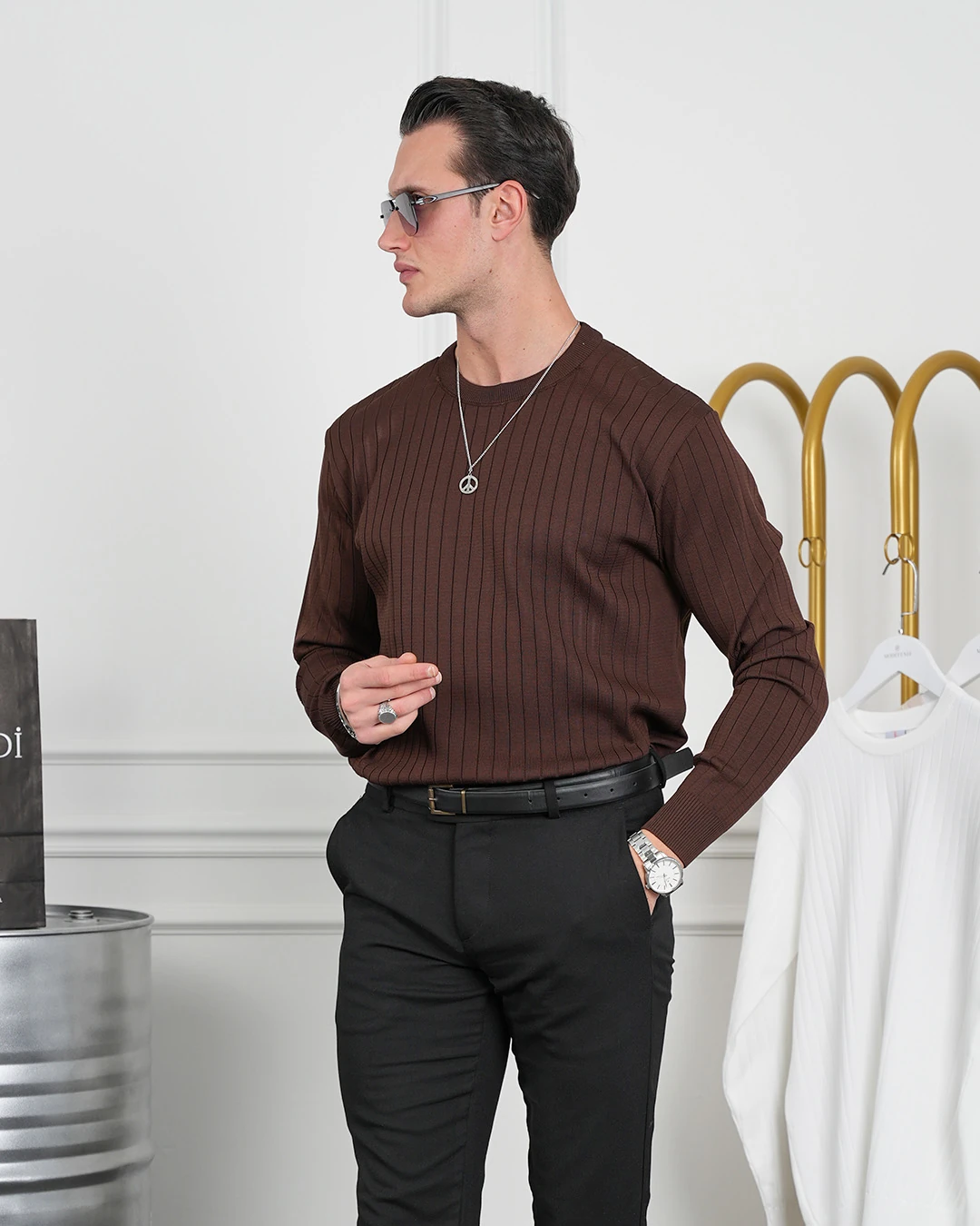 Pamuk Likra Slim Fit Bisiklet Yaka Dikey Çizgi Triko Kazak