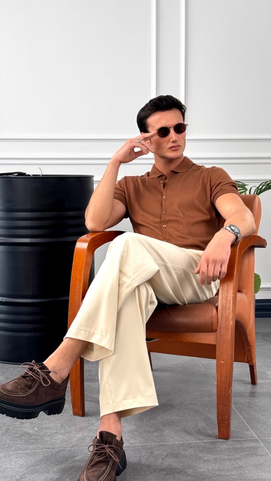 Slim Fit Polo Yaka Triko Pamuk Kısa Kollu Gömlek - Kahverengi