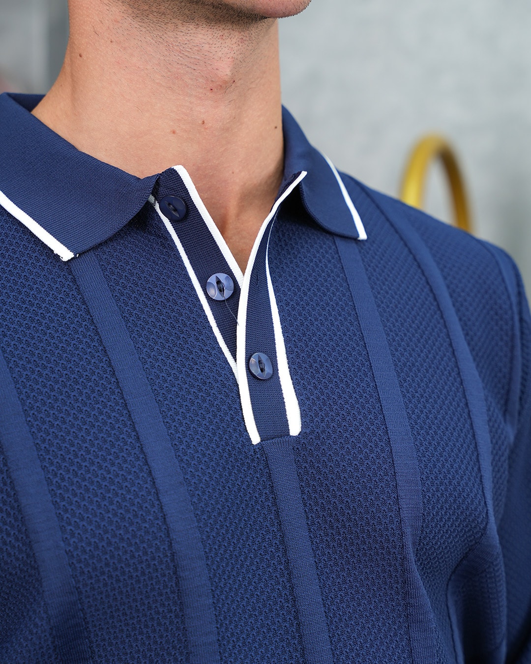 Pamuk Likra Slim Fit Örgü Desen Yaka Şerit Detaylı Polo Yaka Kazak