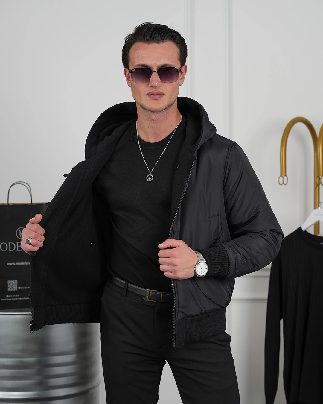 Çift Taraflı Kaşe Uzun Ribana Kapüşonlu Mont