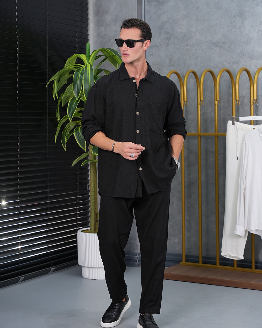 %100 Ham Keten Tam Oversize Kesim Alt -Üst Takım