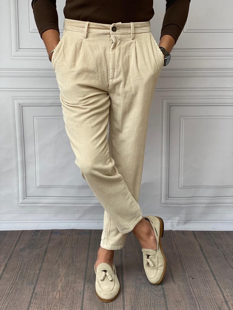 %100 Kadife Fitil Relaxed Kalıp Kışlık  Pantolon - Krem