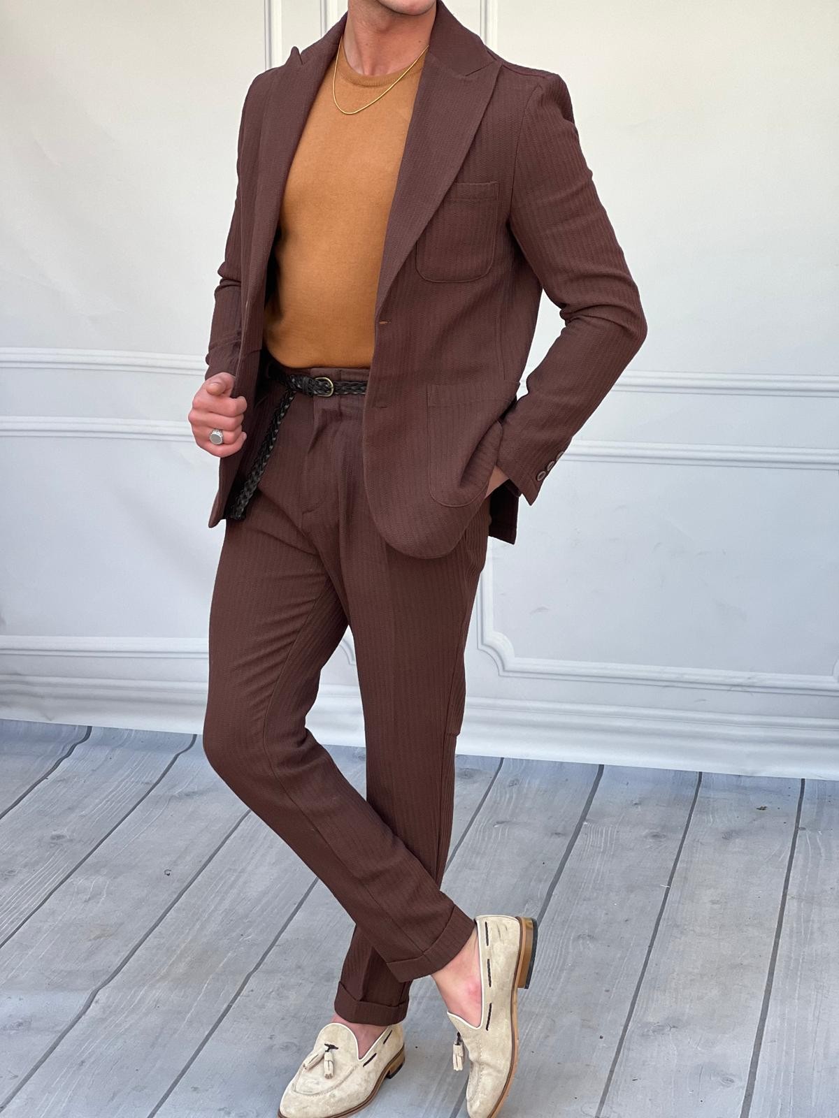 %100 Pamuk Keten Modern Fit Örgü Kemer Detaylı Keten Takım Elbise  - Kahverengi