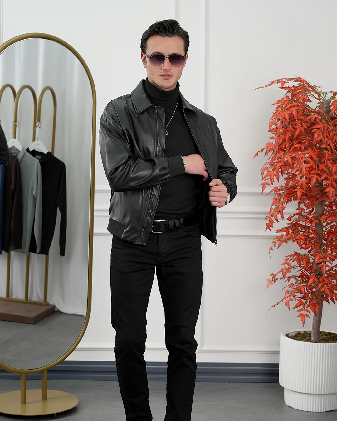 Yakası Çıkabilir Gömlek Yaka Oversize Deri Mont - Siyah