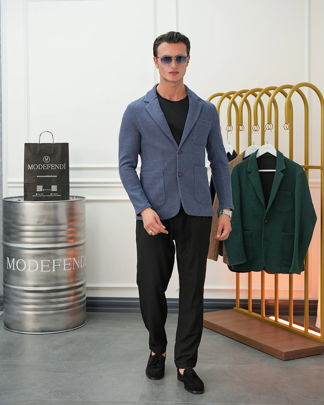 Petek Örme Torba Cep Ceket - indigo