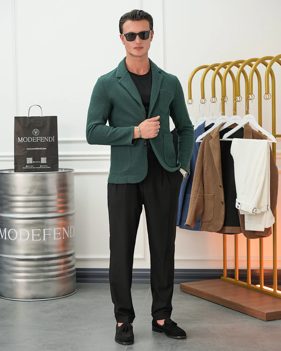 Petek Örme Torba Cep Ceket - Yeşil