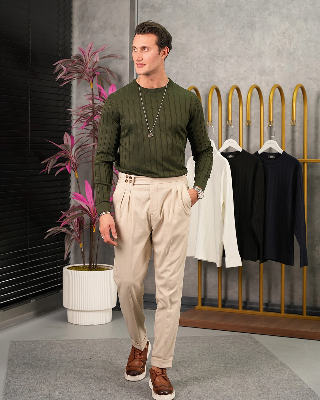 Pamuk Likra Kalın Fitil Bisiklet Yaka Slim Fit Triko Kazak