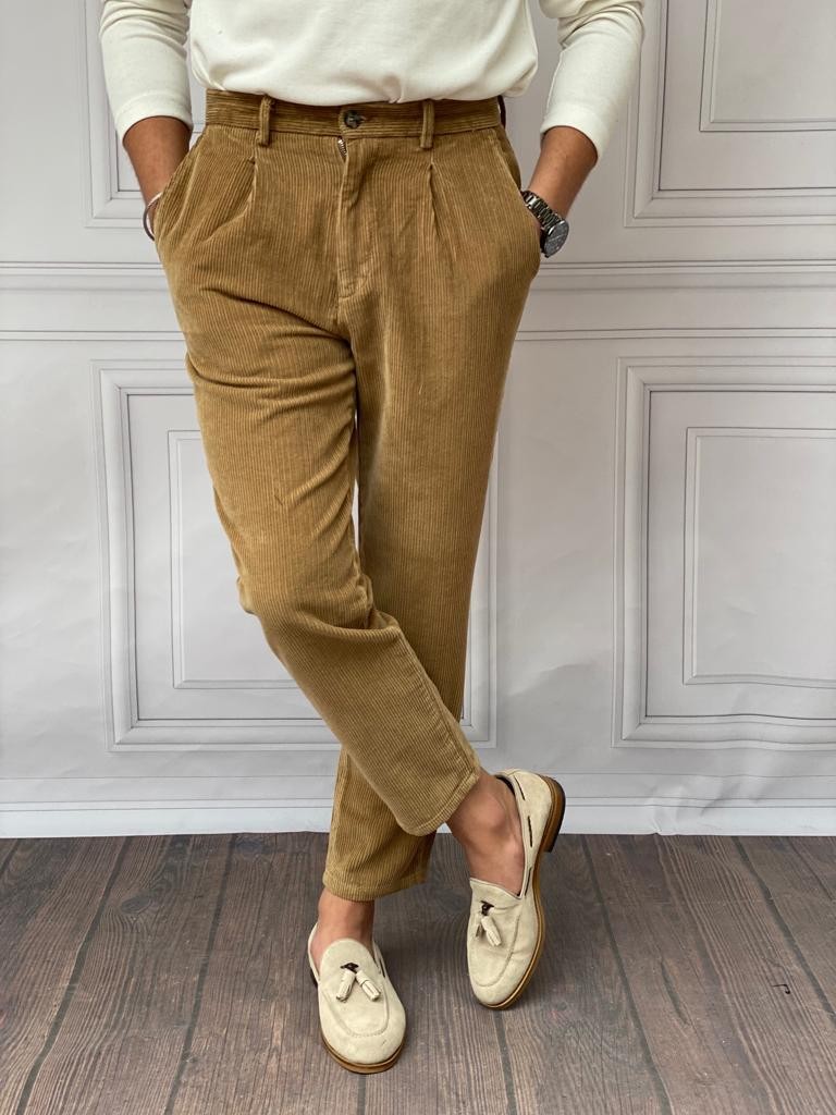 %100 Kadife Fitil Relaxed Kalıp Kışlık  Pantolon - Taba