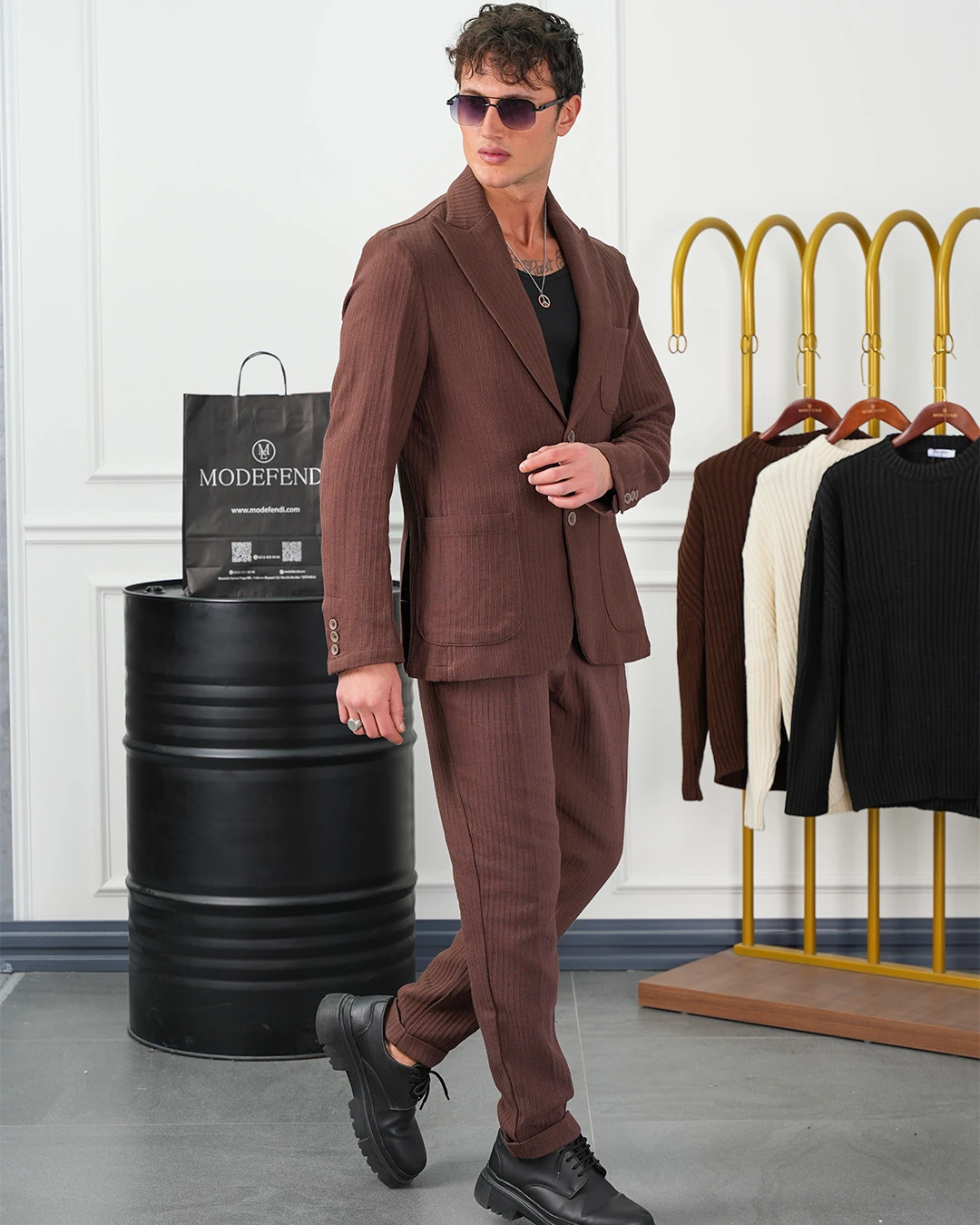 %100 Pamuk Keten Modern Fit Örgü Kemer Detaylı Keten Takım Elbise