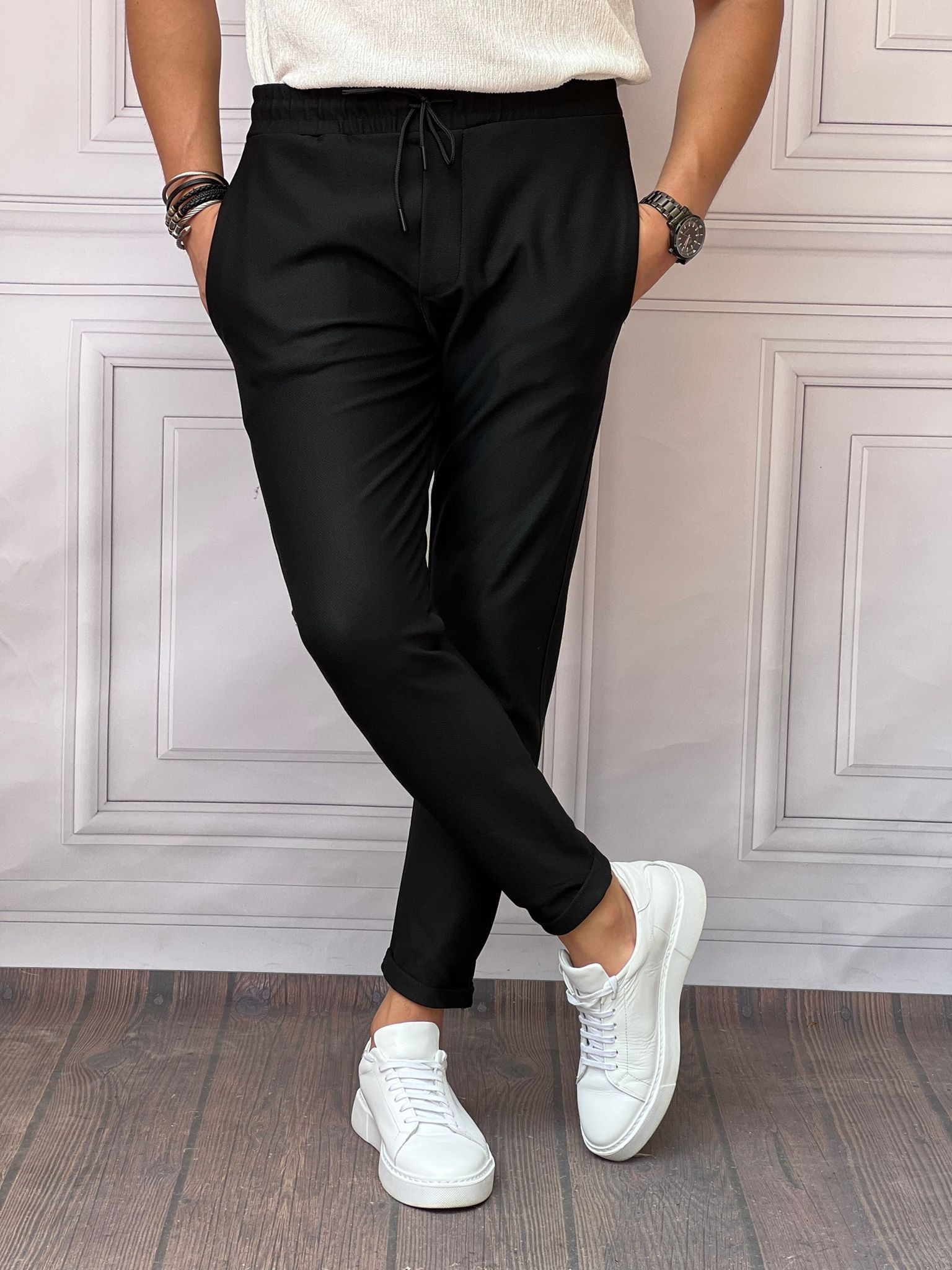 Skinny Kalıp Pamuk Likra Double Paça Jogger Pantolon - Siyah