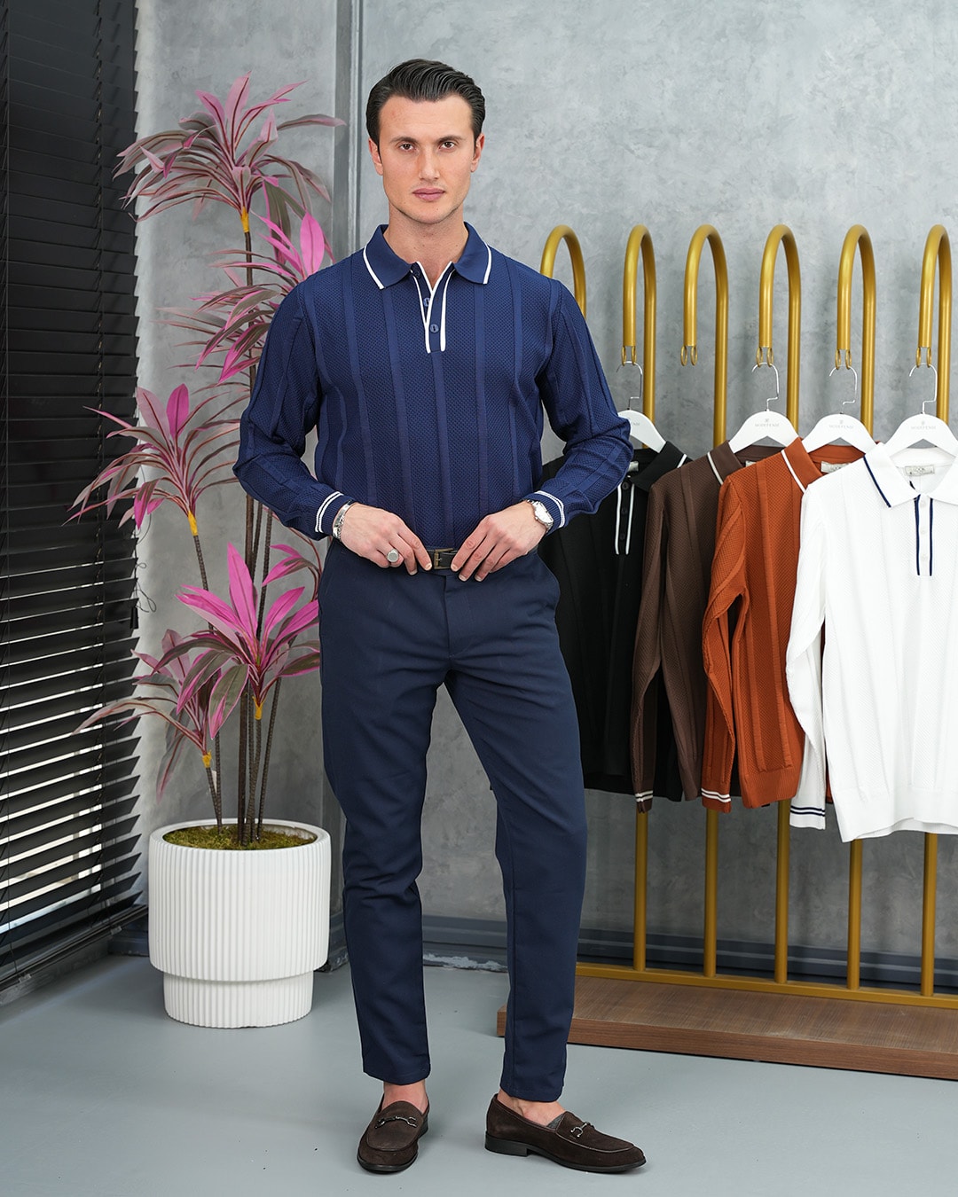 Pamuk Likra Slim Fit Örgü Desen Yaka Şerit Detaylı Polo Yaka Kazak