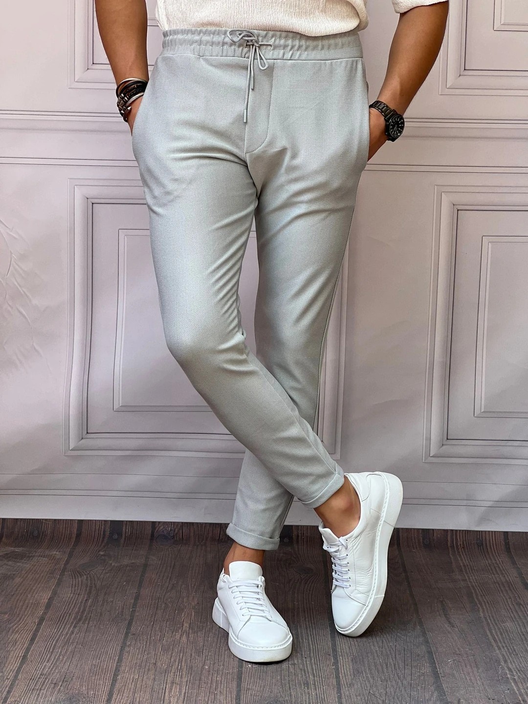 Skinny Kalıp Pamuk Likra Double Paça Jogger Pantolon - Gri