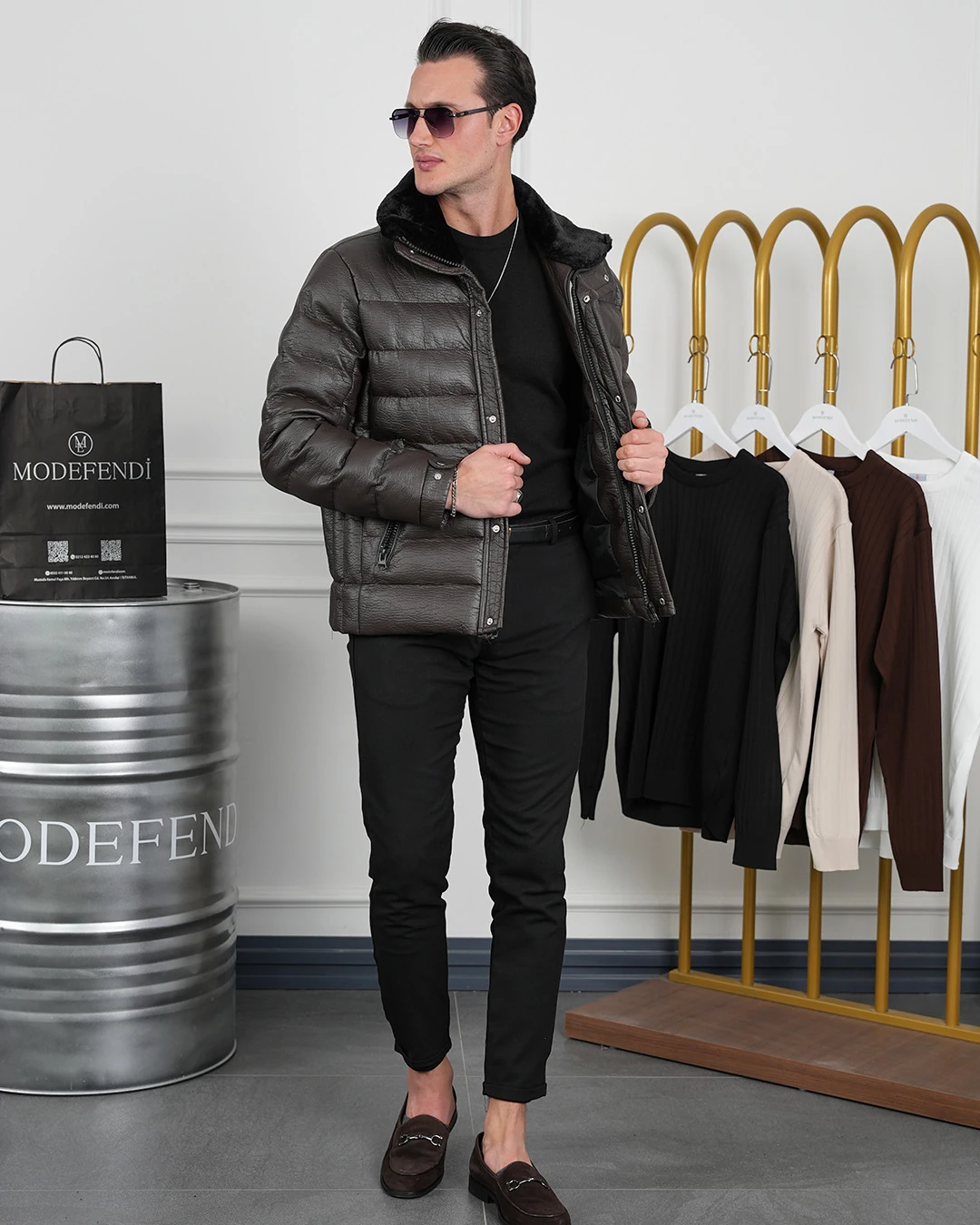 Orta Slim Fit Yaka Kürk Detaylı Yumuşak Dokulu Yatay Desen Deri Mont