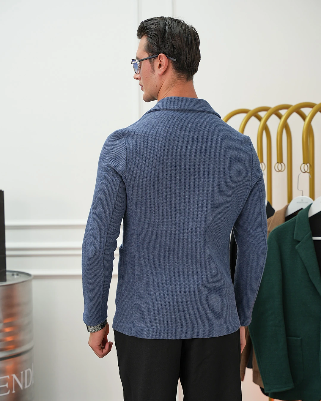 Petek Örme Torba Cep Ceket - indigo