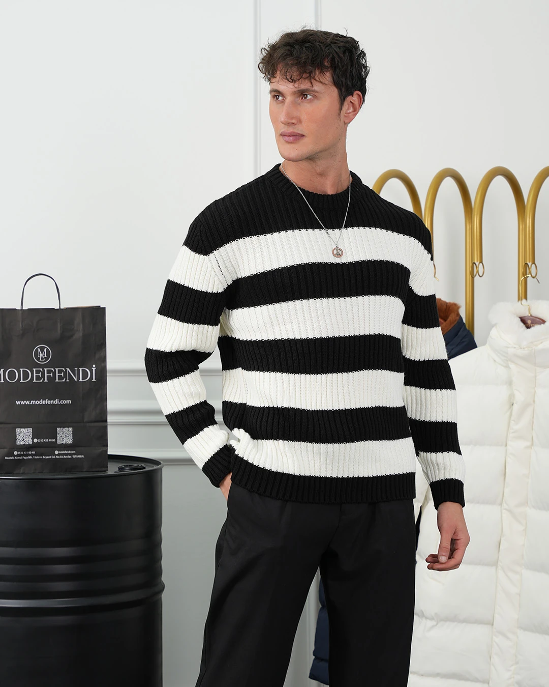 Bisiklet Yaka Desenli Oversize Kazak