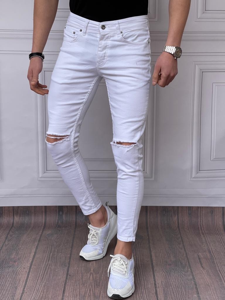 Skinyfit Yüksek Kalite Likralı Diz Yırtık Detaylı Kot Pantolon - Beyaz