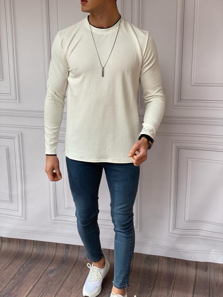 Slim Fit İtalyan Kesim Pamuk Çizgi Detaylı Sweat